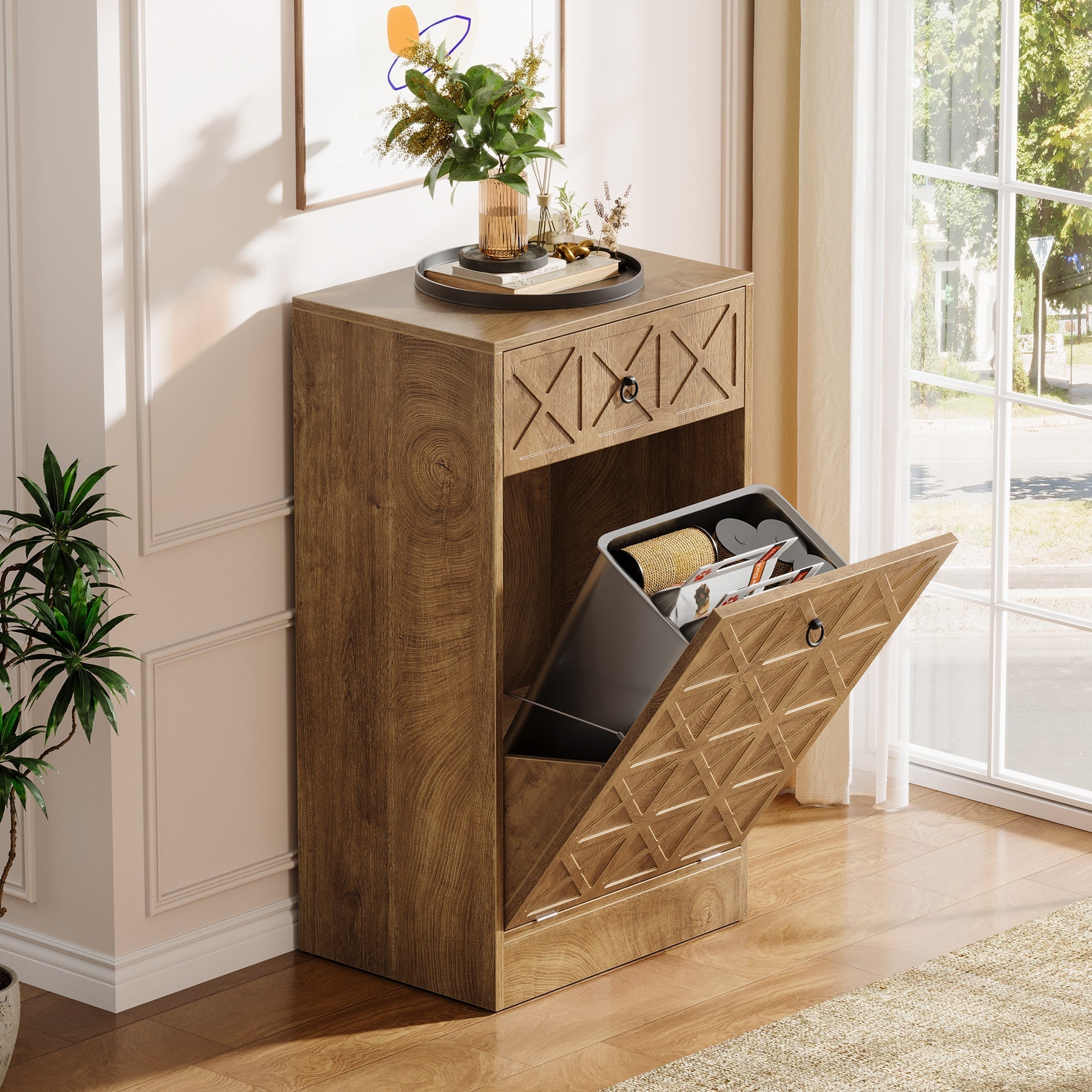 Tribesigns Poubelle en bois 49L avec tiroir caché et mécanisme d'inclinaison pour la cuisine