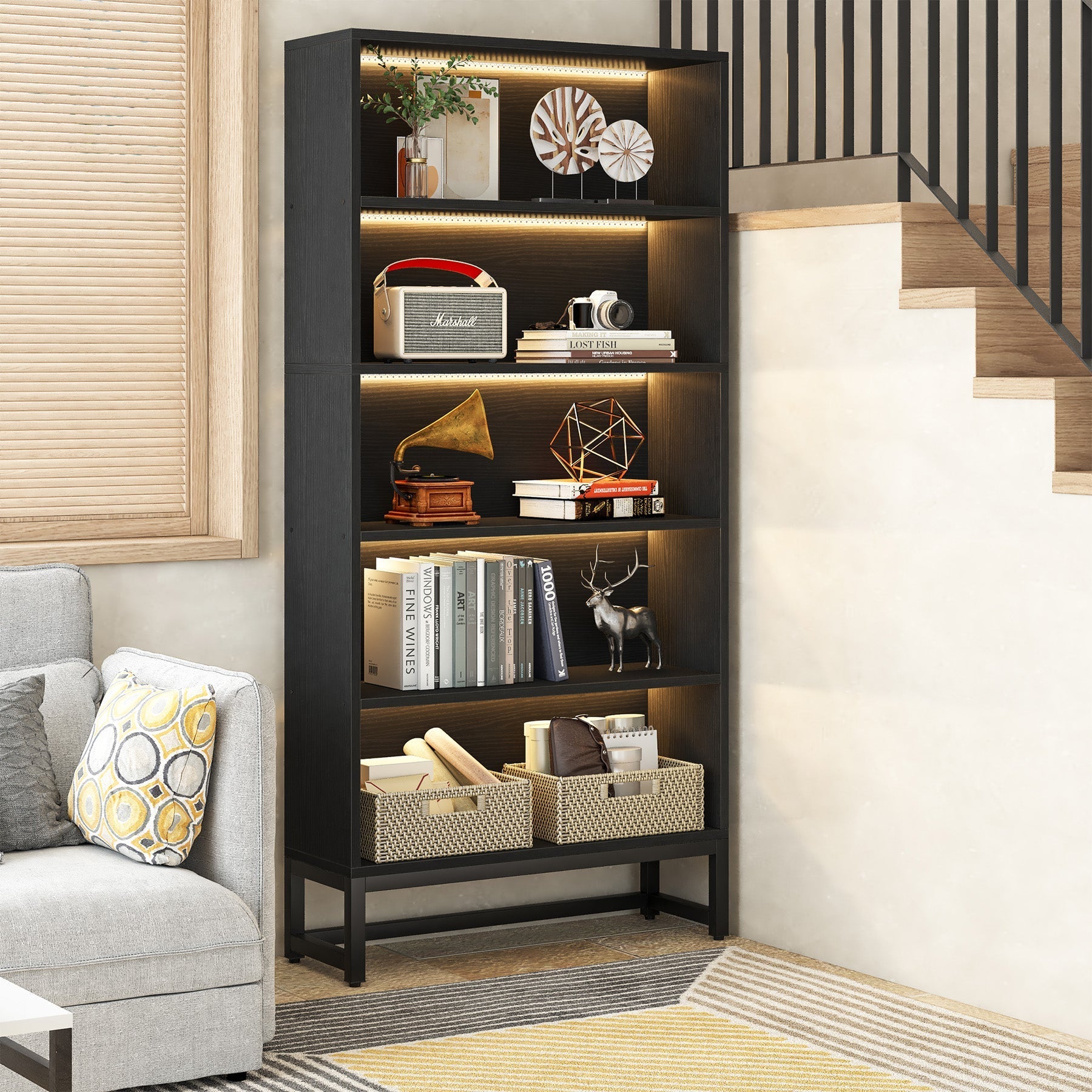Tribesigns Bibliothèque de 180 cm de haut avec éclairage LED noire à 5 niveaux de rangement
