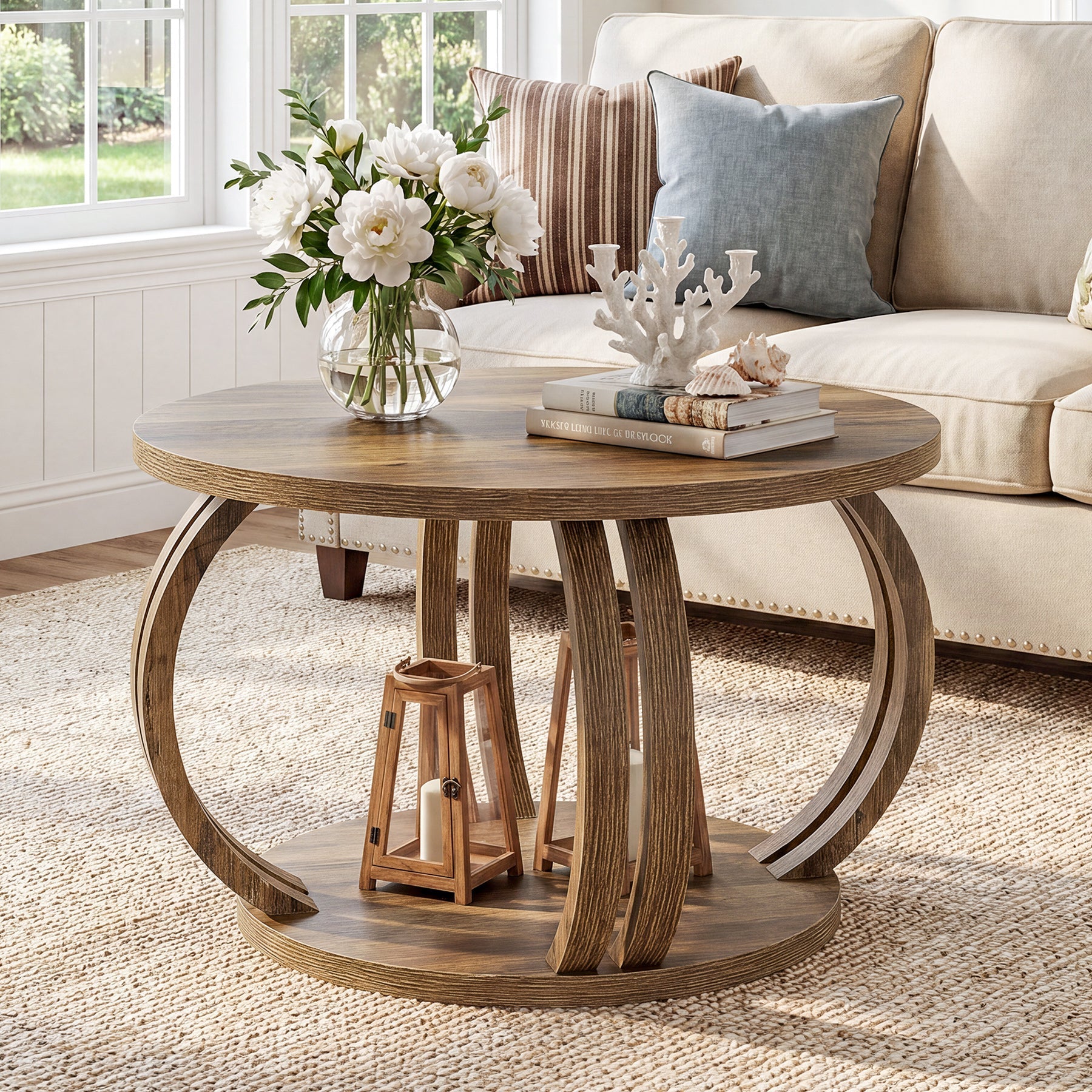 Tribesigns Runder Couchtisch 80 cm mit Ablage, Wohnzimmertisch mit skulpturalem Säulenfuß