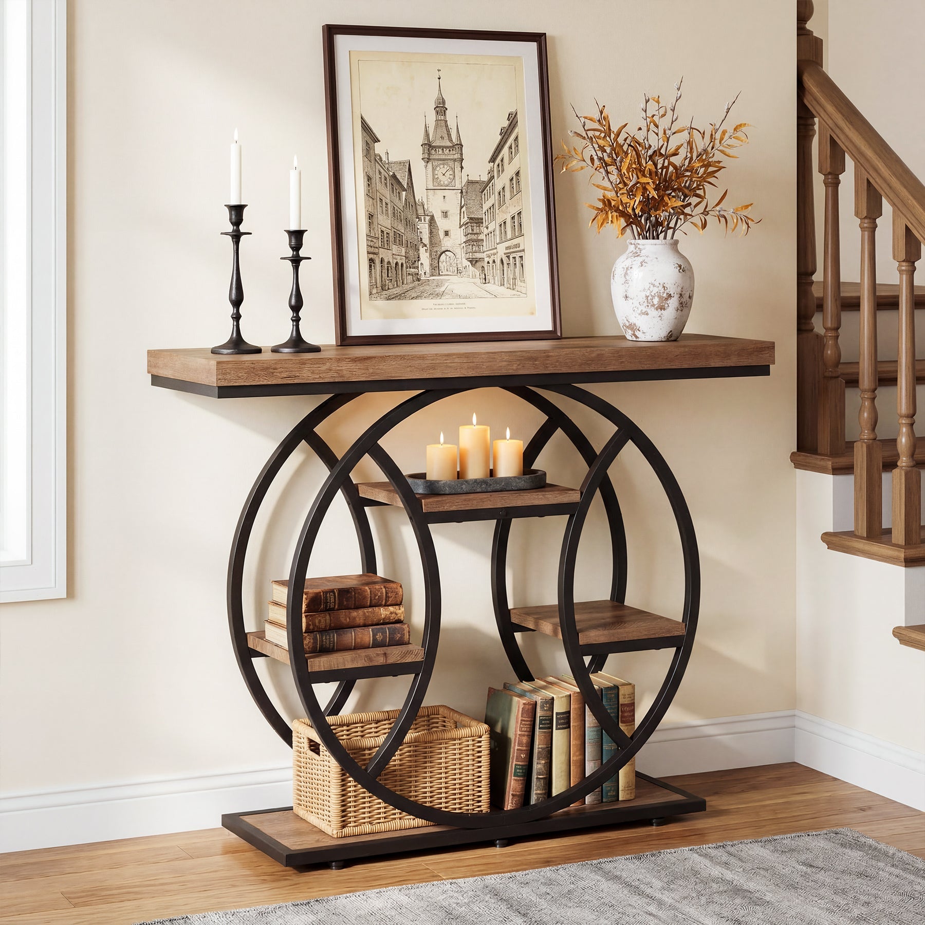 Tribesigns Console de 105 cm, Table d'appoint à 4 niveaux avec cadre rond