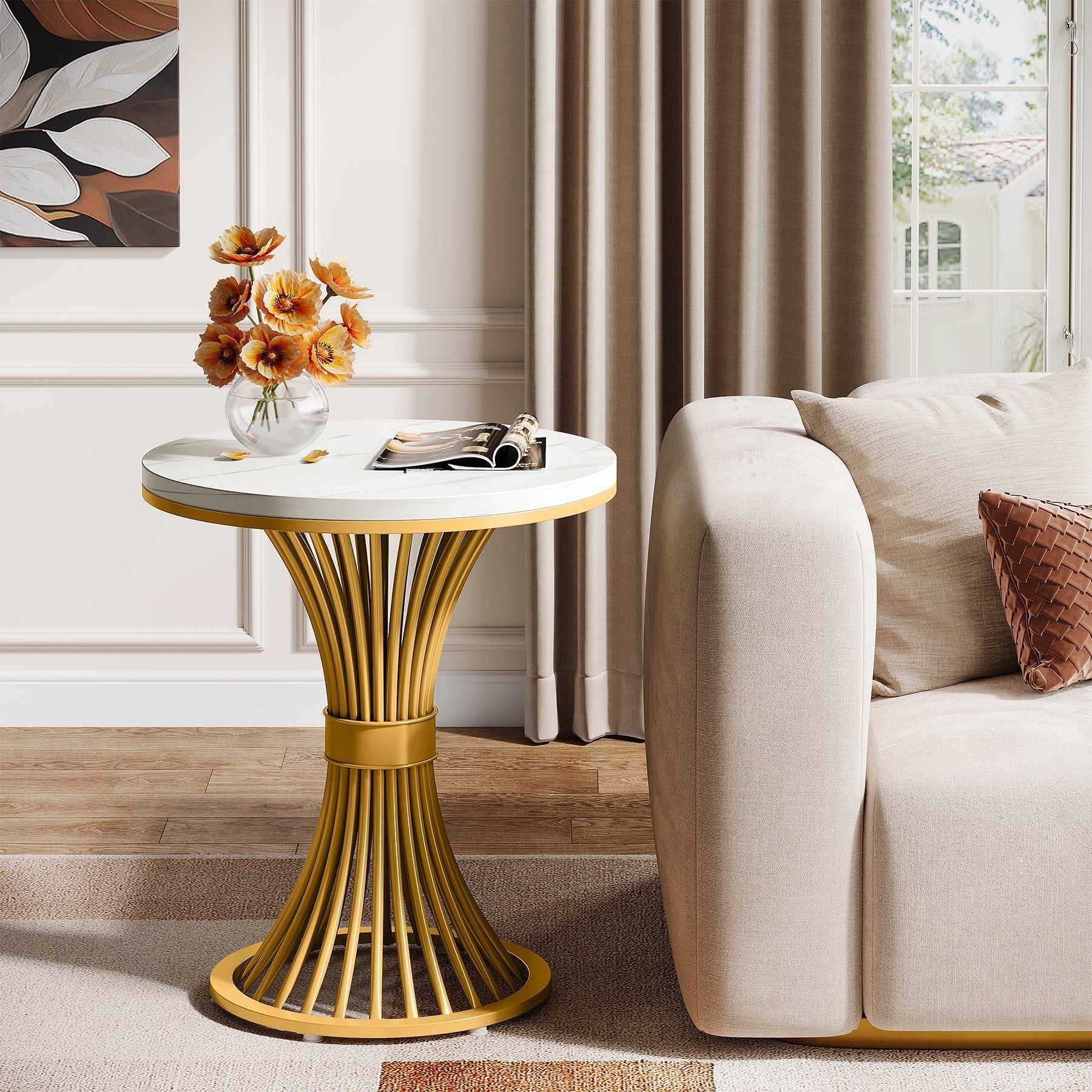 Tribesigns Table d'appoint ronde 51 cm avec plateau effet marbre, Table d'appoint blanche et piètement en métal doré