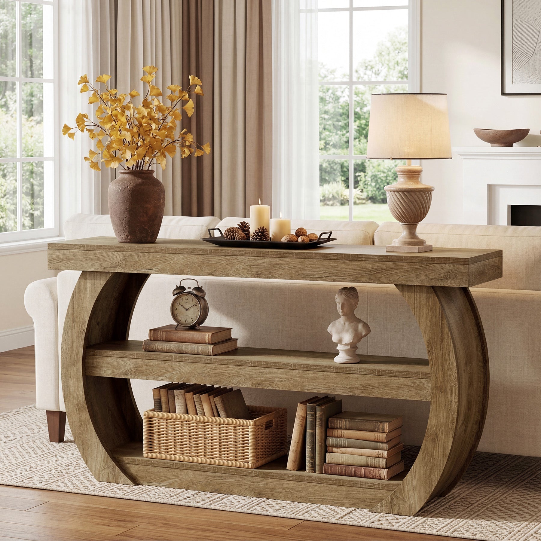 Tribesigns Table console style ferme (160 cm), Table d'entrée en bois à 3 niveaux avec étagère de rangement