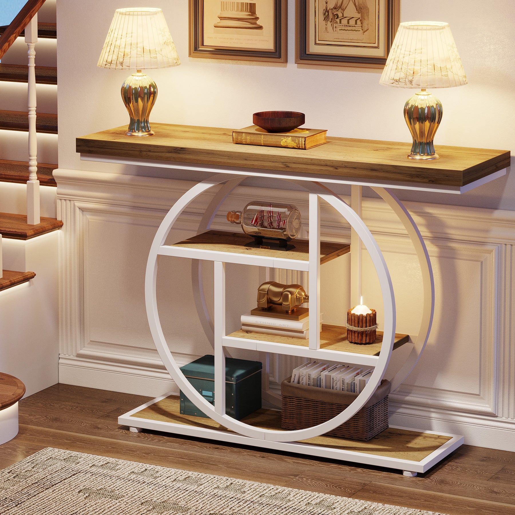 Tribesigns Table console à 4 niveaux avec base circulaire, Tables d'appoint étroites en bois