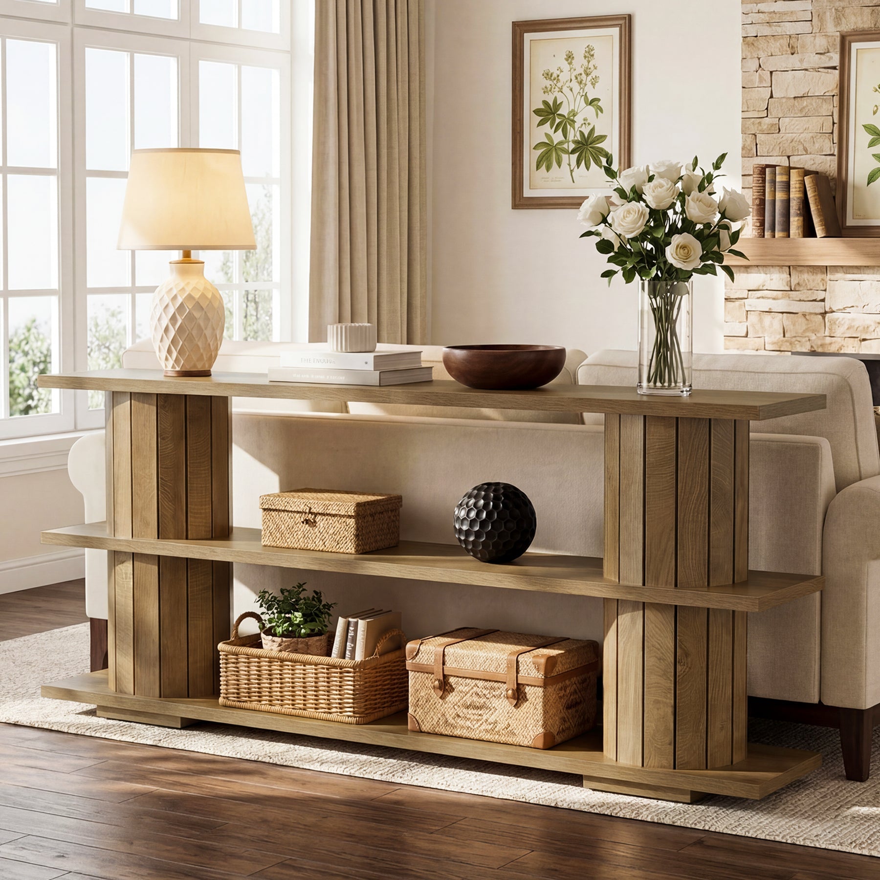 Tribesigns Console de 160 cm avec étagères de rangement à 3 niveaux, Longue table d'entrée pour salon et hall d'entrée