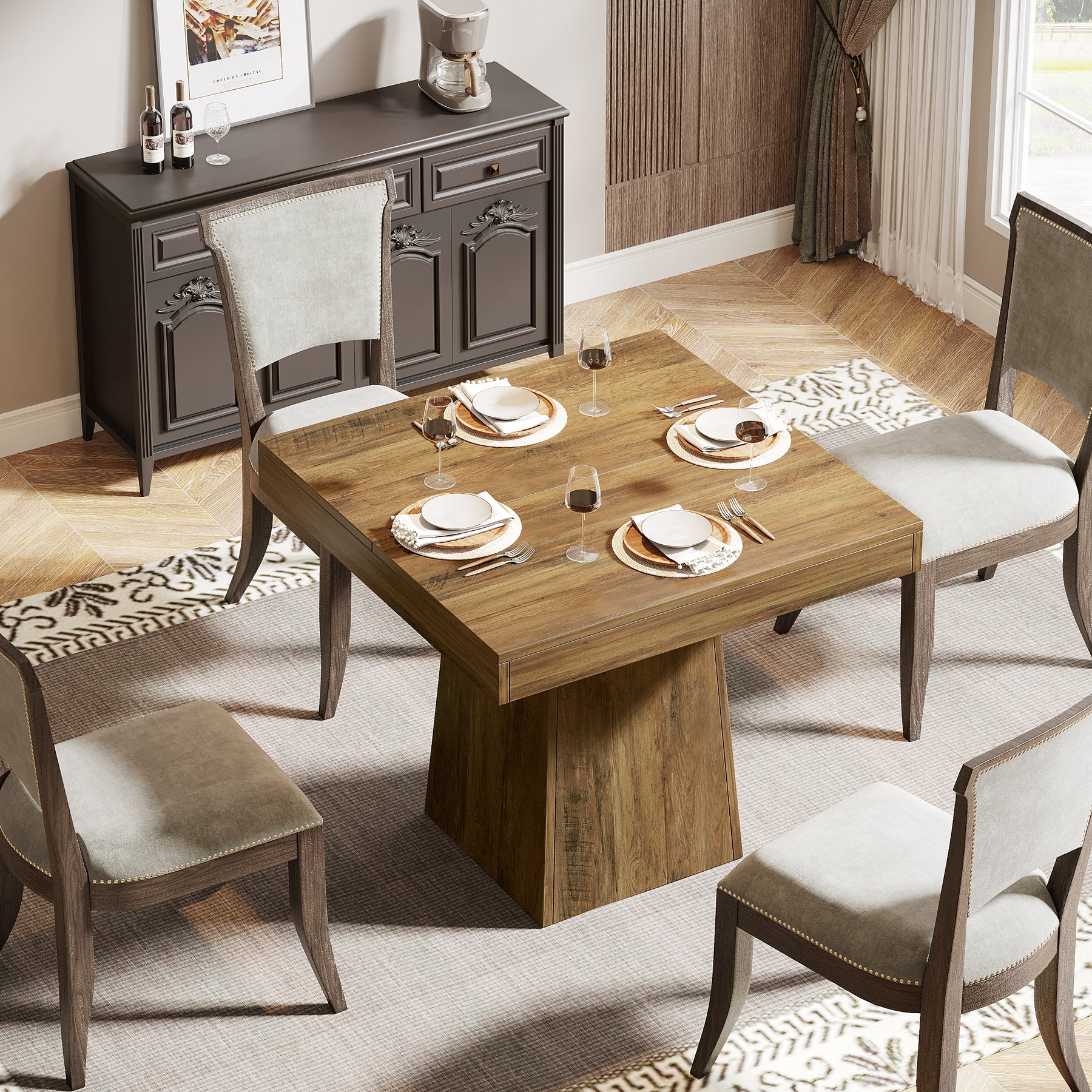 Tribesigns Table de salle à manger carrée de 80 cm pour 4 personnes, Style champêtre avec piètement à colonnes couleur marron