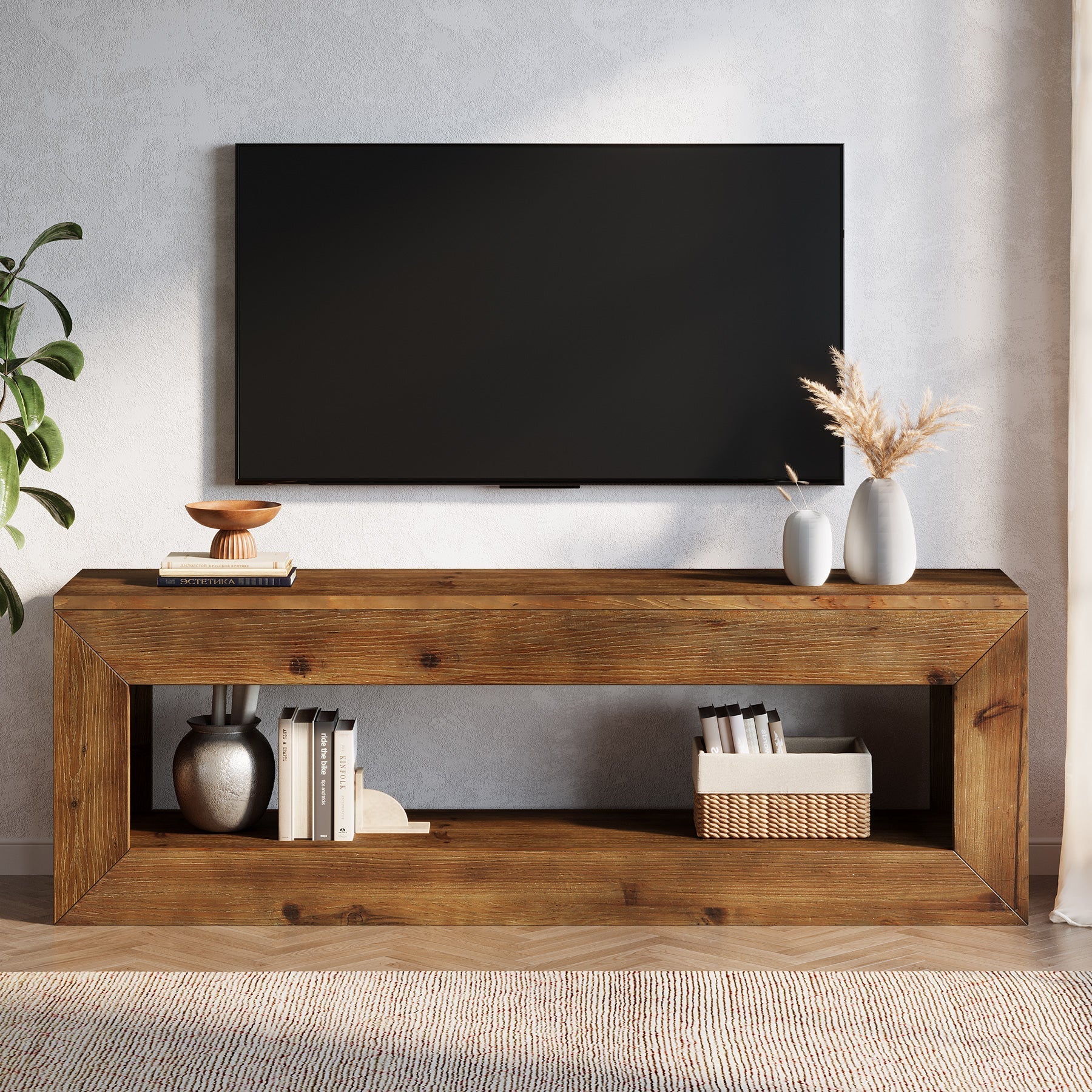 Tribesigns Meuble TV 120 cm en bois massif avec rangement, Meuble bas rustique pour équipement multimédia