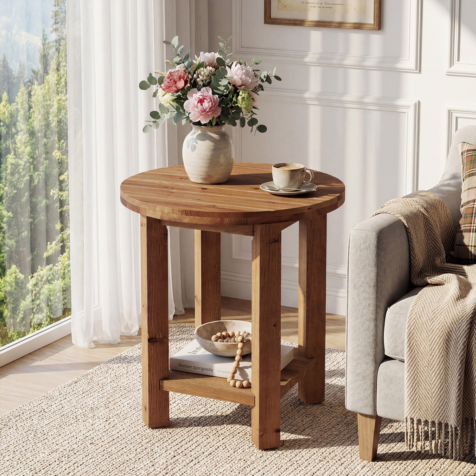 Table de chevet ronde de 50 cm, Table à 2 niveaux pour chambre à coucher
