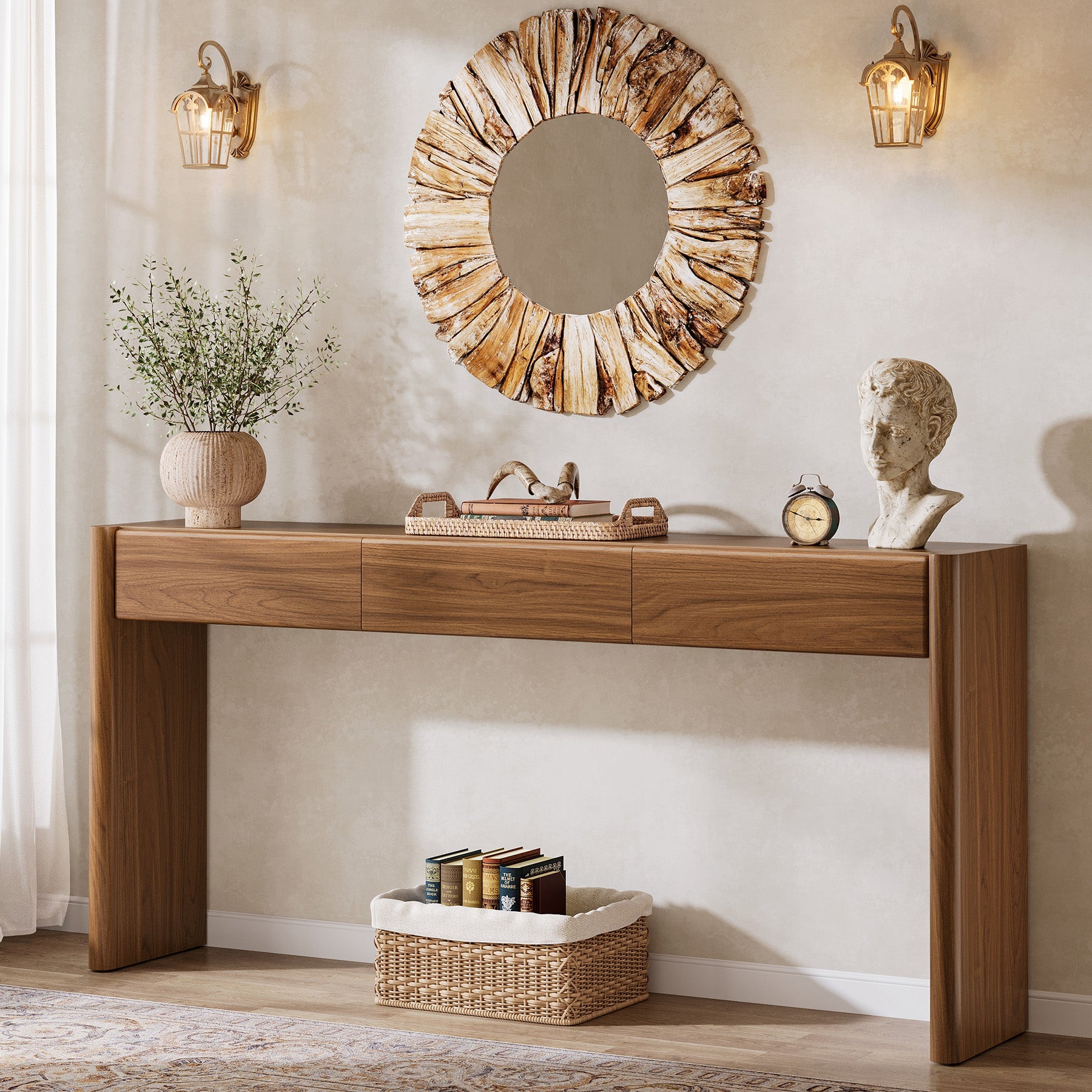 Tribesigns Console de 180 cm avec 3 tiroirs, Table d'entrée étroite marron vintage Table basse en bois avec étagère