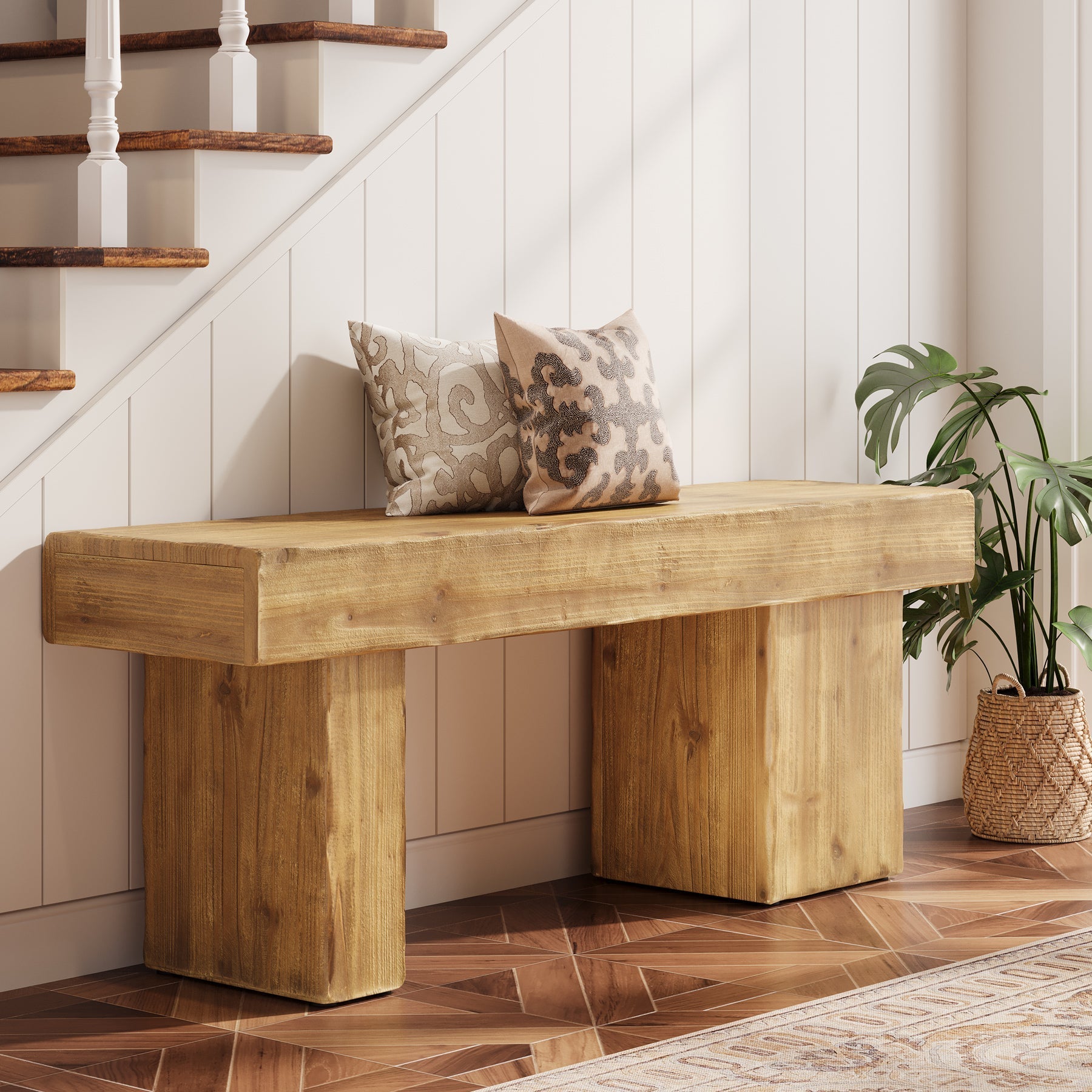Banc d'entrée en bois massif de 119 cm, Style rustique avec assise épaisse