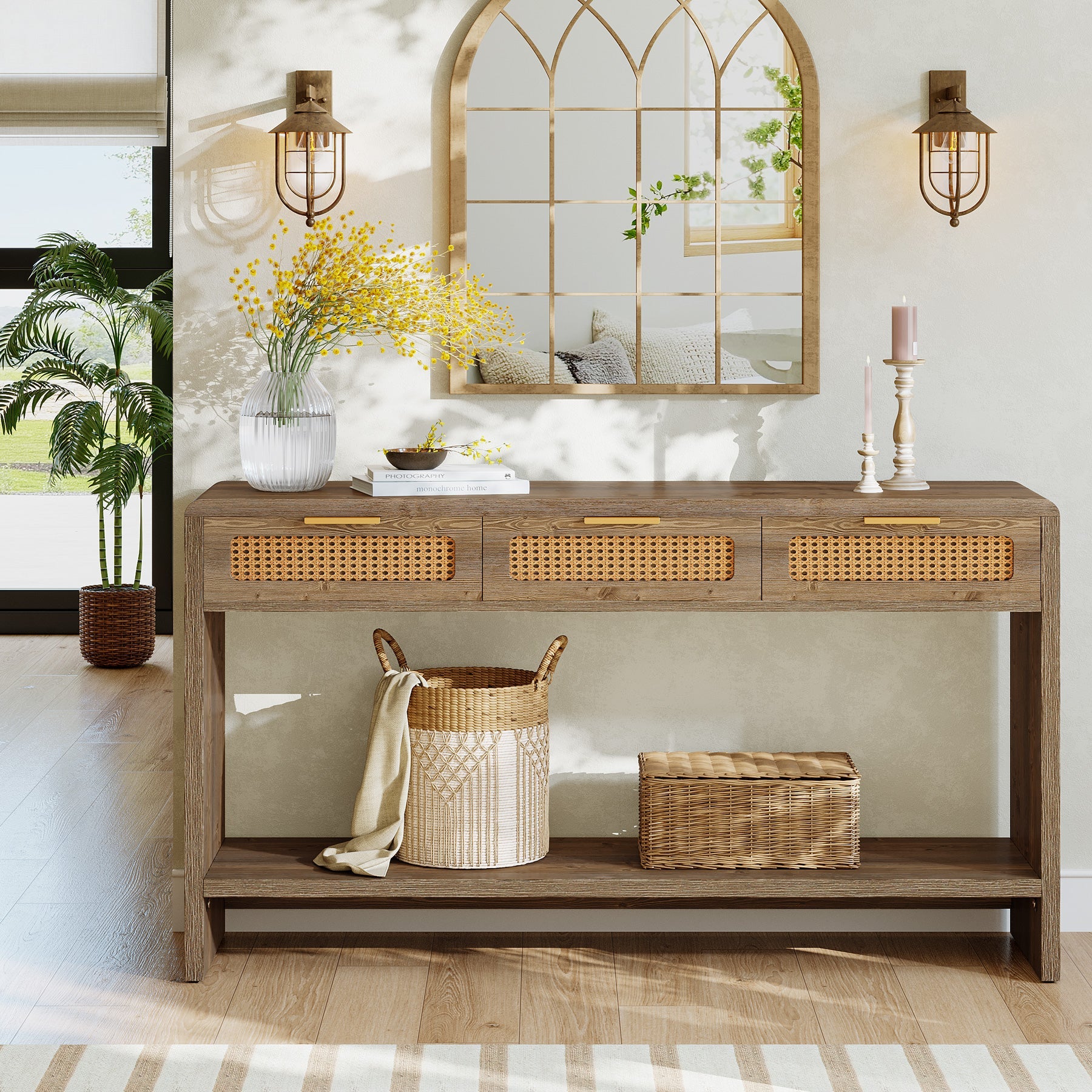 Tribesigns Console de 140 cm avec 3 tiroirs en rotin, Table d'appoint étroite avec 2 étagères
