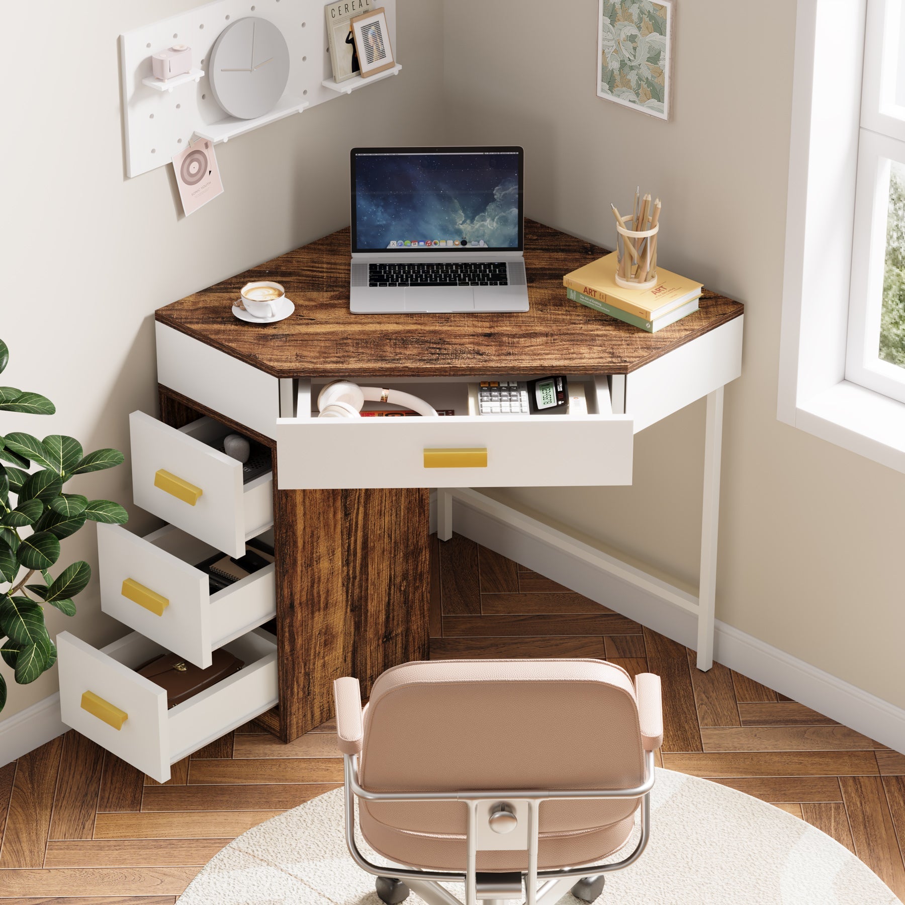 Bureau d'angle avec 4 tiroirs, Bureau triangulaire gain de place pour bureau à domicile