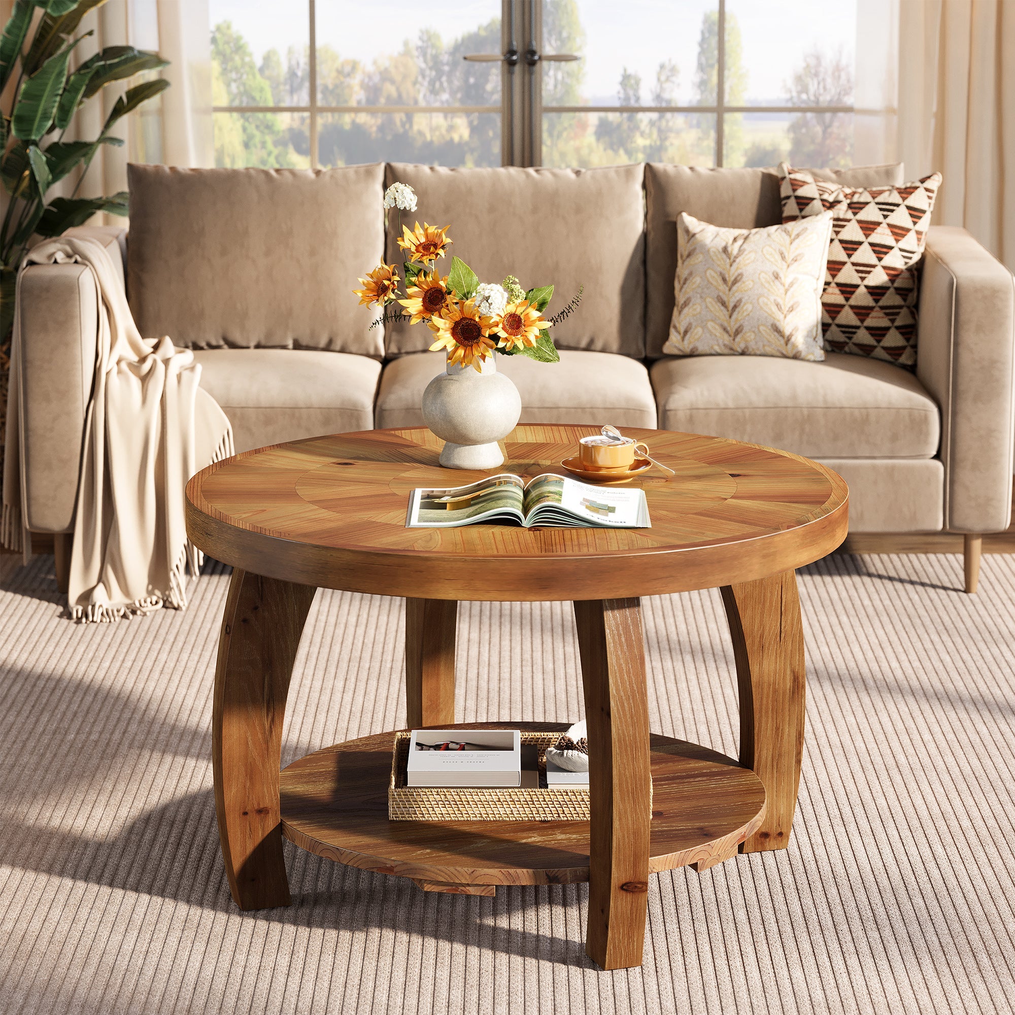 Table basse ronde de 80 cm en bois massif, Table d'appoint à deux niveaux avec motif mosaïque et étagère inférieure