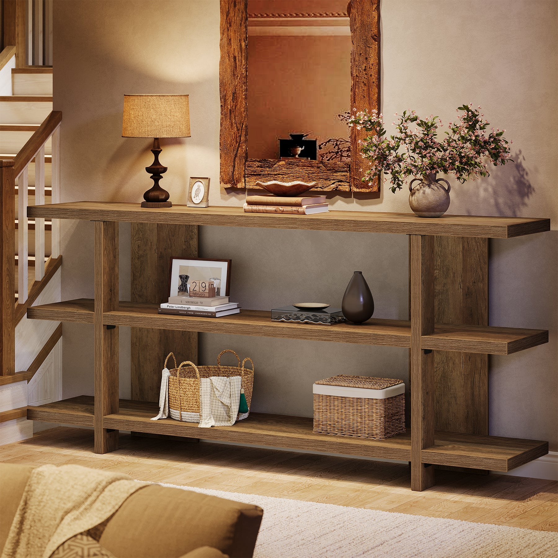 Tribesigns Console de 160 cm avec espace de rangement, Table d'entrée étroite en bois à 3 niveaux de style champêtre