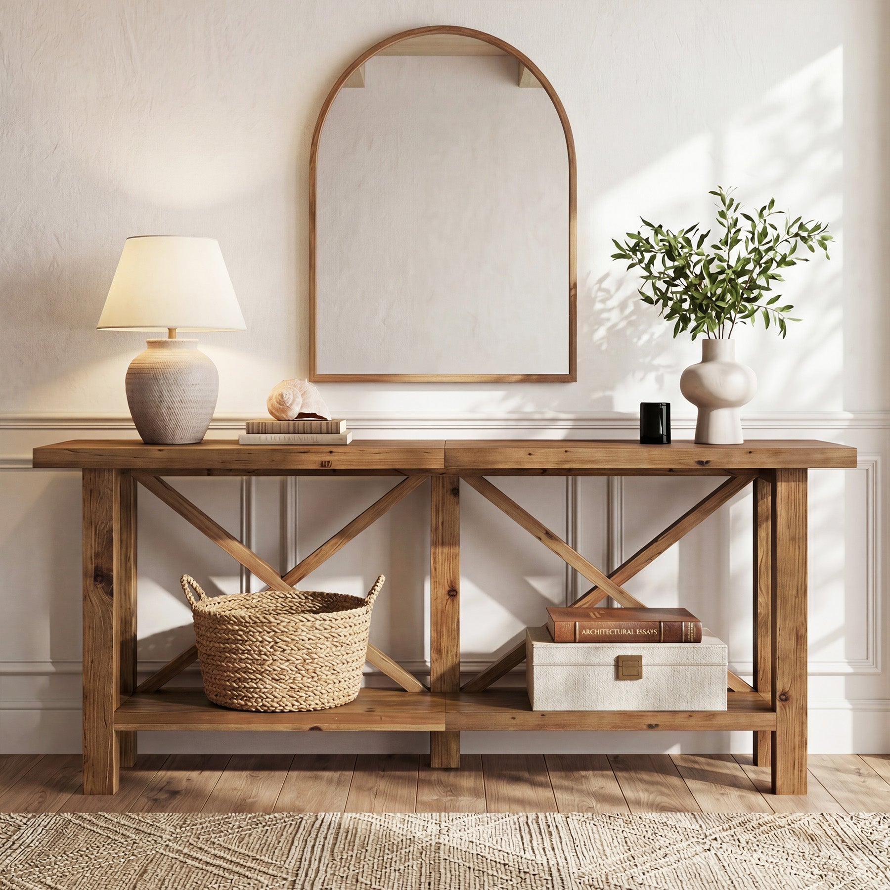 Console étroite de 180 cm, Table d'entrée à 2 niveaux en bois massif