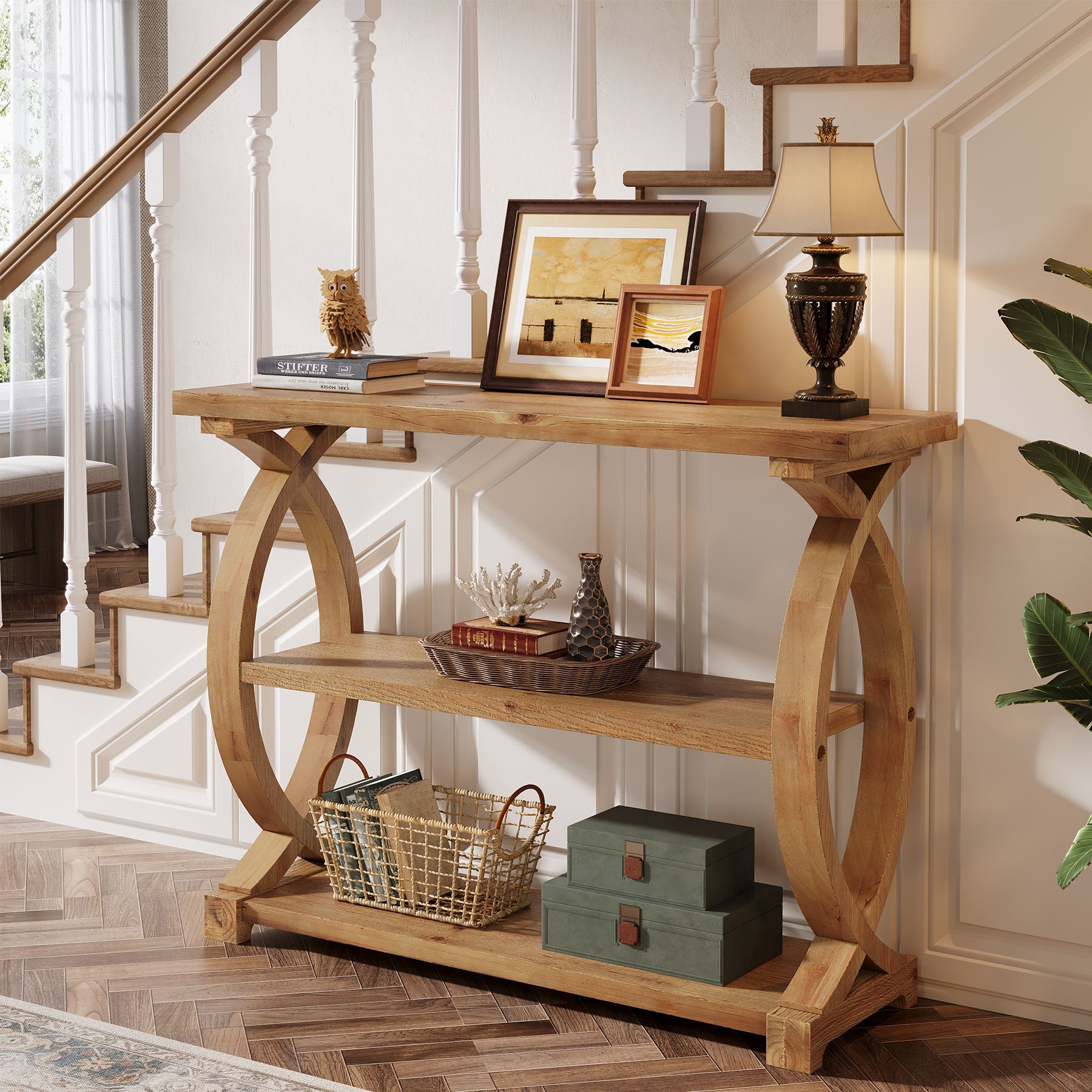 Tribesigns Console en bois massif de 105 cm, Table d'appoint étroite avec 3 étagères et un design en forme de queue de poisson sur les côtés
