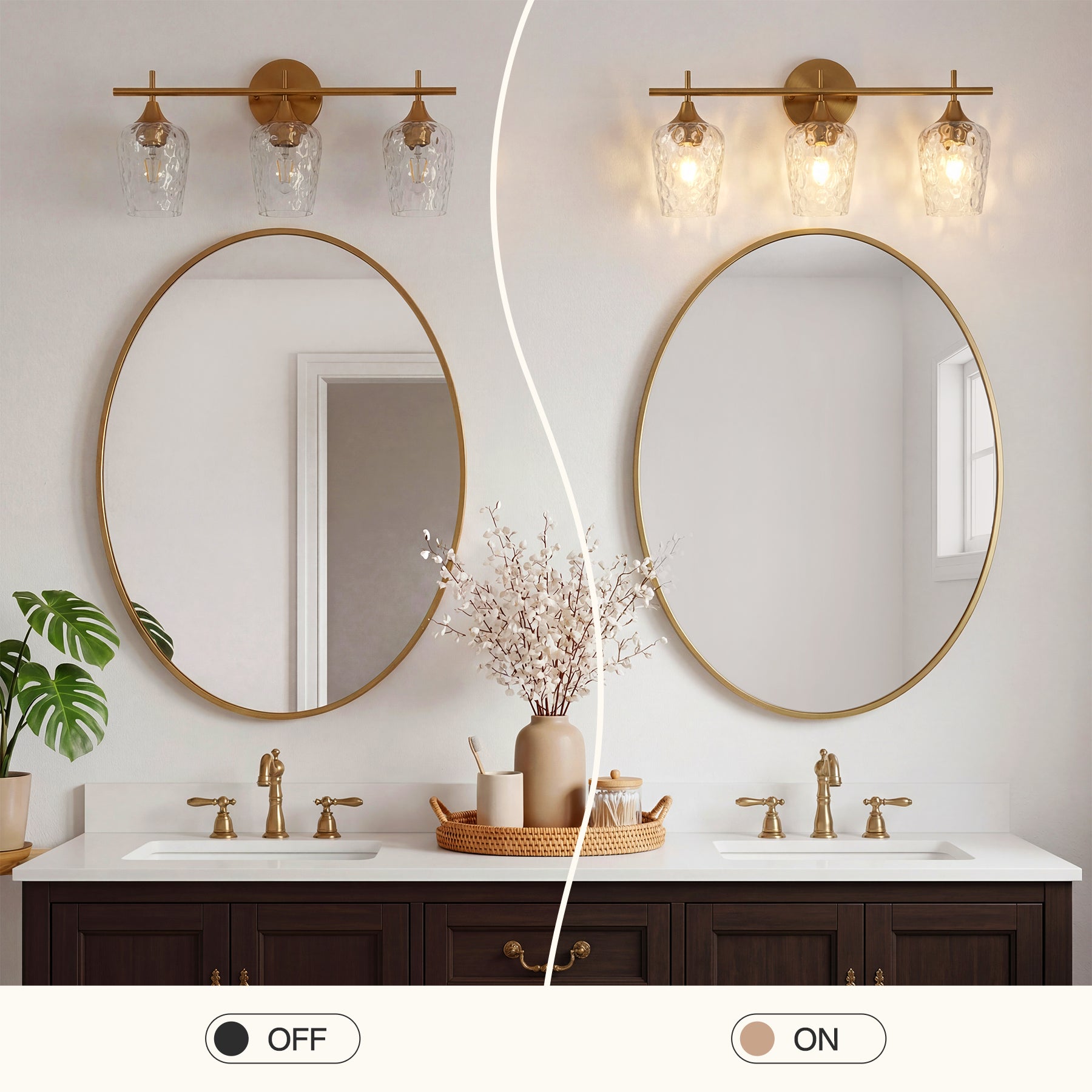 Tribesigns Applique murale LED à 3 lumières pour salle de bain, Dorée avec verre texturé douille E27 éclairage miroir