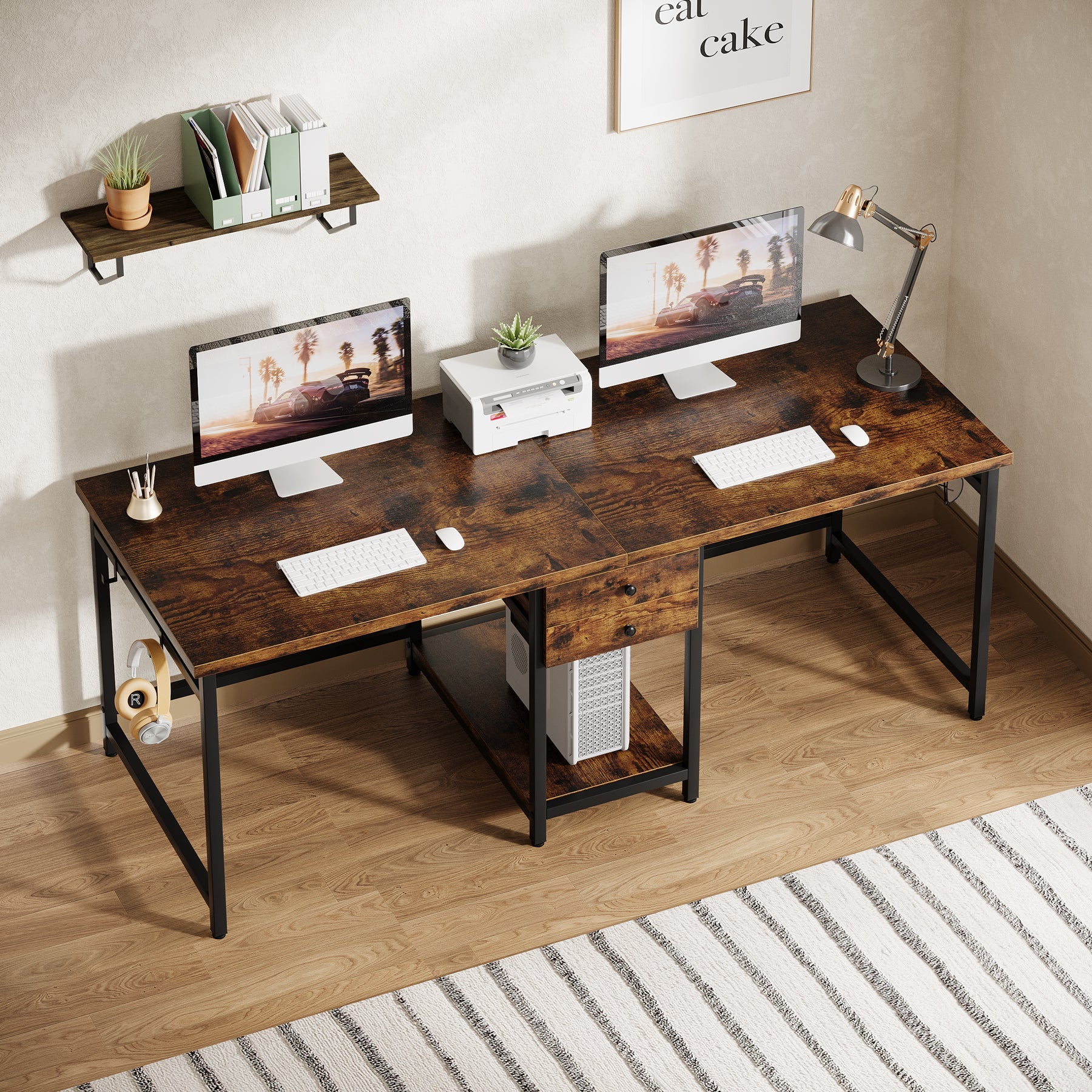 Tribesigns Bureau double de 200 cm avec 2 tiroirs et étagères, Bureau de travail industriel pour bureau et étude