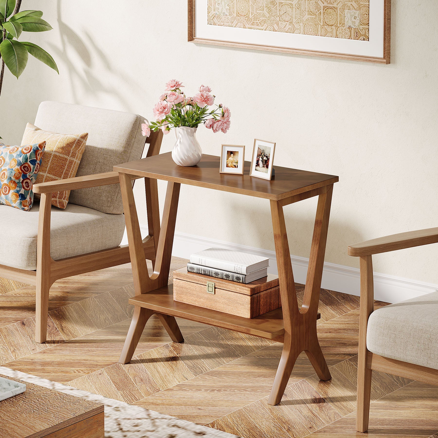 Tribesigns Table d'appoint en bois massif avec 2 étagères, Table de chevet étroite pour salon et chambre