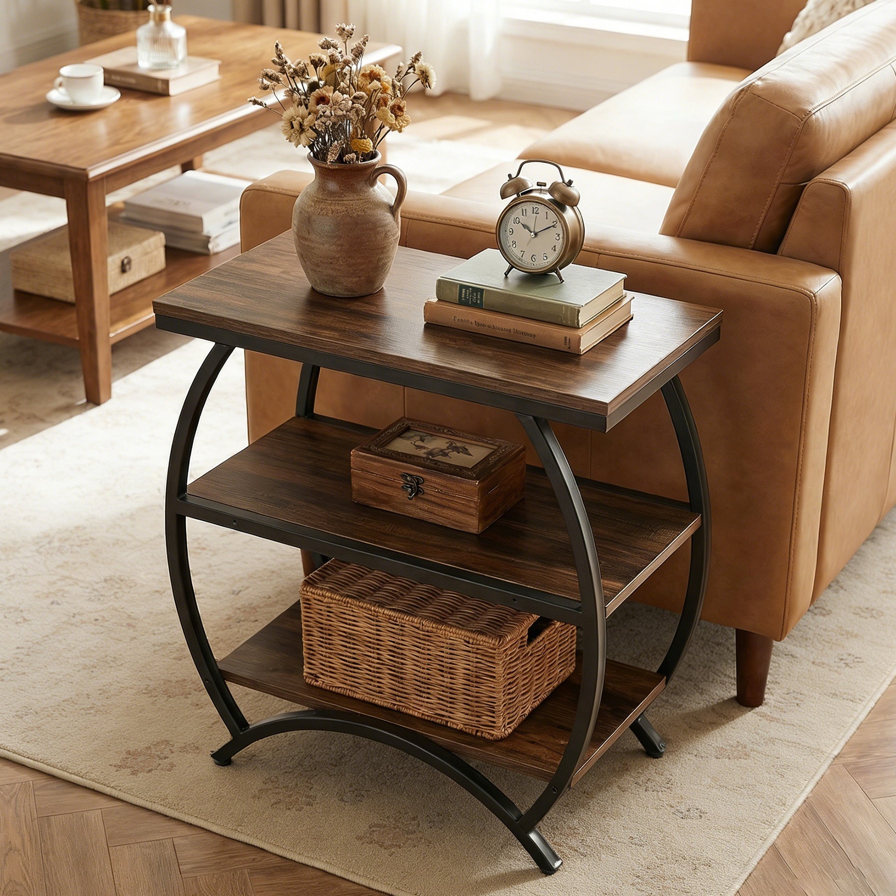 Tribesigns Table d'appoint étroite de 60 cm avec 3 niveaux de rangement, Table de chevet industrielle pour salon ou chambre
