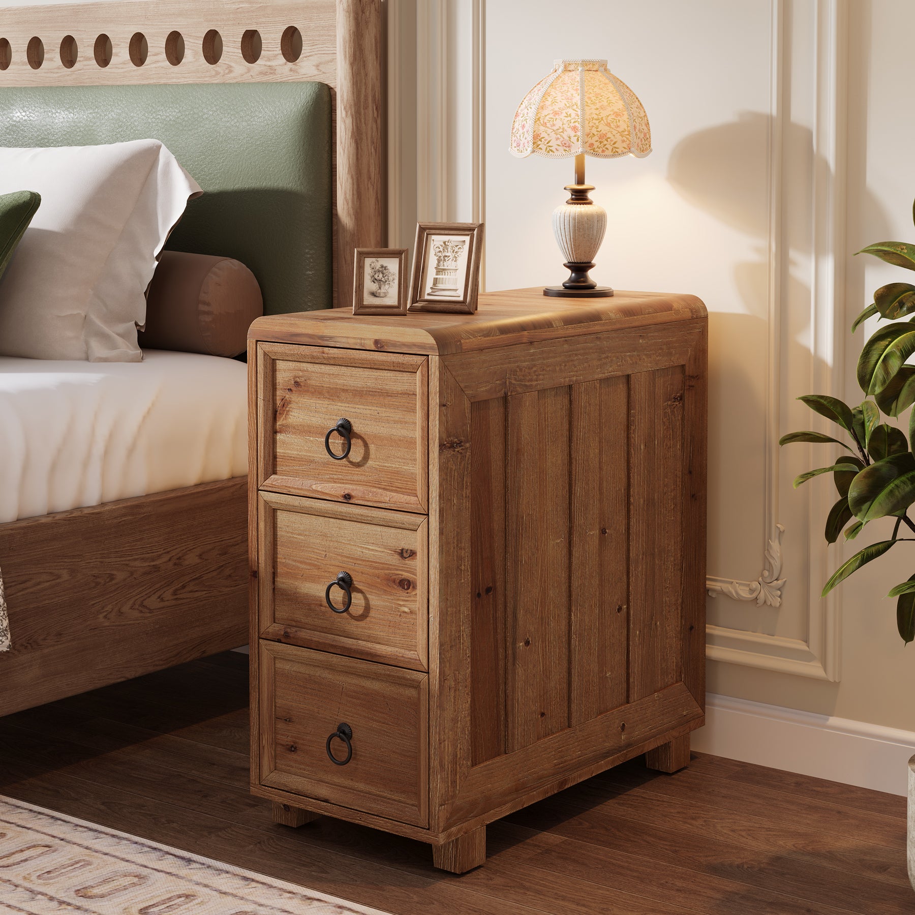 Tribesigns Table d'appoint étroite en bois massif avec 3 tiroirs pour salon, Table de chevet fine, table d'appoint
