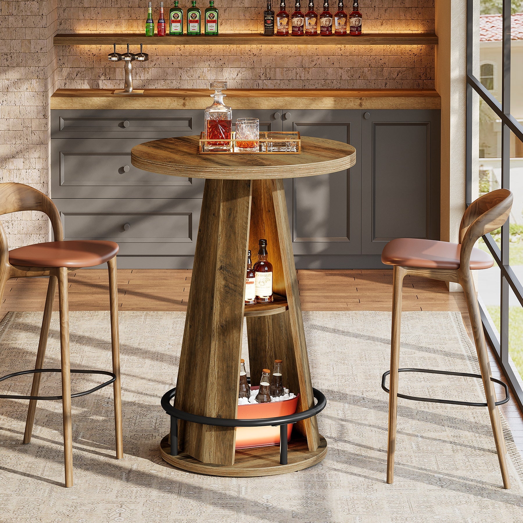 Tribesigns Table de bar ronde de 100 cm avec rangement, Table bistro industrielle pour salon, bar, petits espaces