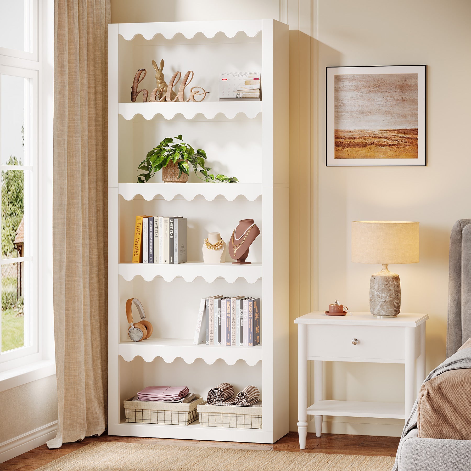 Tribesigns Bibliothèque de 180 cm de haut, Étagère moderne avec bords en forme de coquillage pour salon