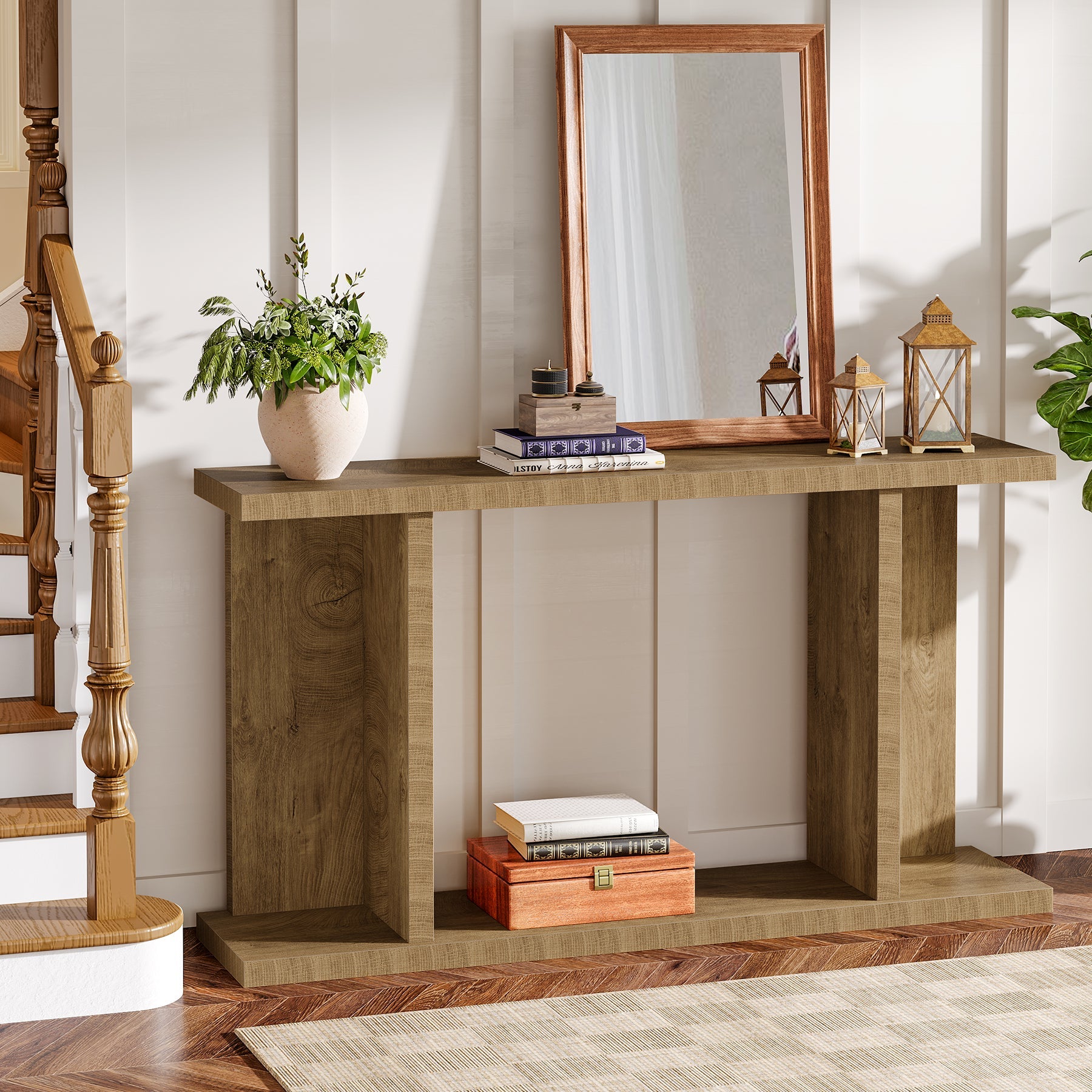 Tribesigns Console de 140 cm de long, Style campagnard console étroite à deux niveaux avec piètement