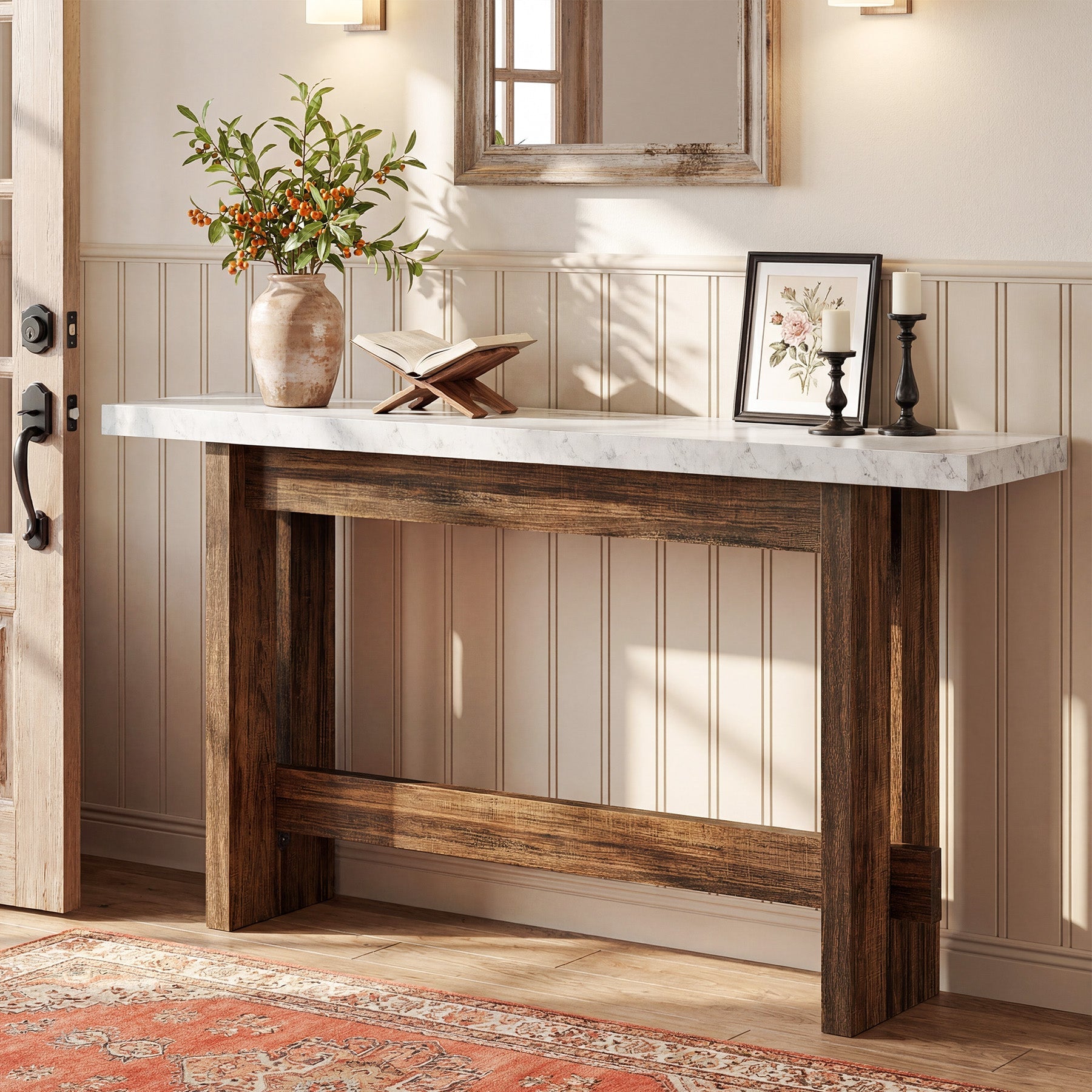 Tribesigns Console de style campagnard de 160 cm avec plateau aspect marbre, Table d'appoint étroite pour entrée et salon
