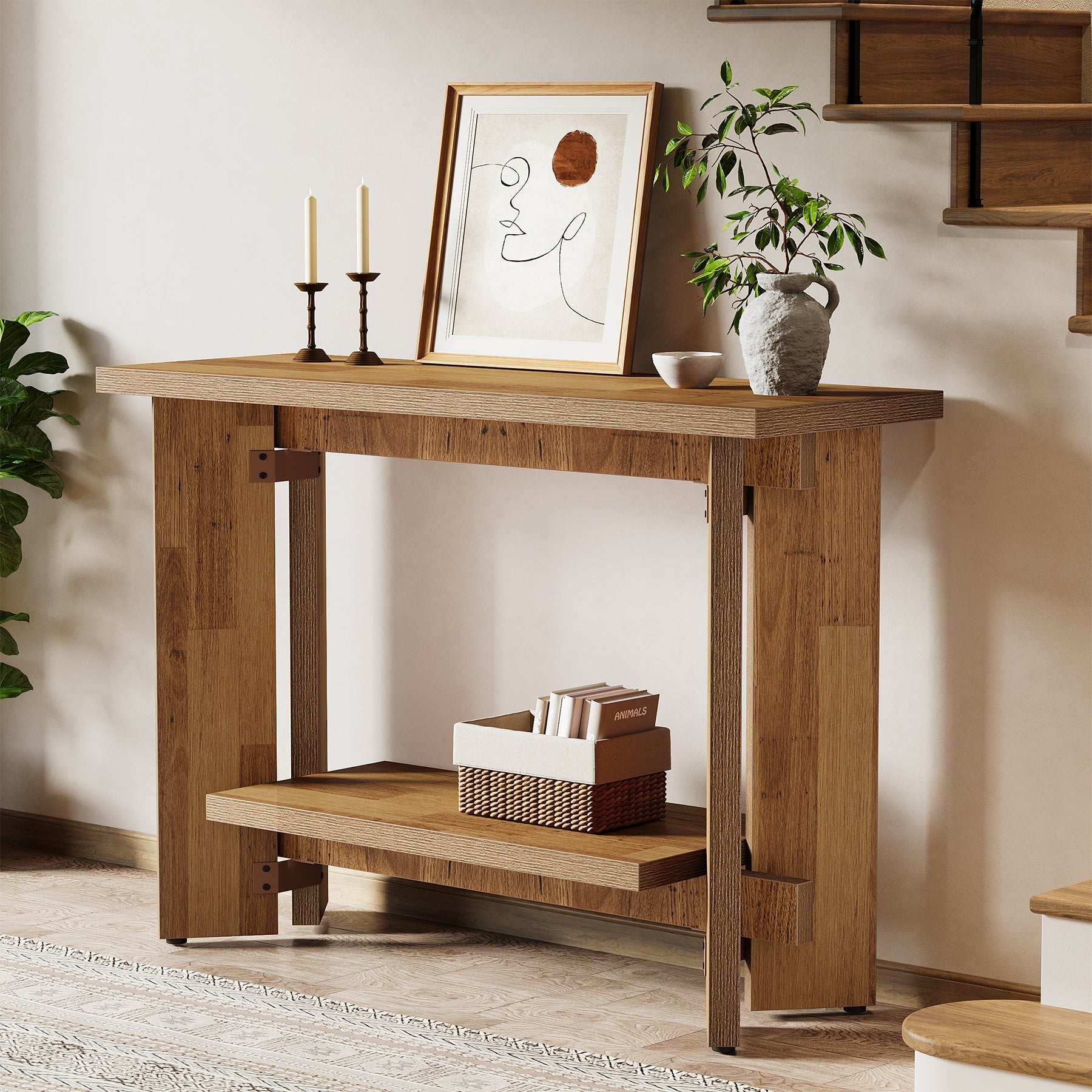 Tribesigns Console de style campagnard de 105 cm avec étagère, Table basse étroite pour salon et entrée
