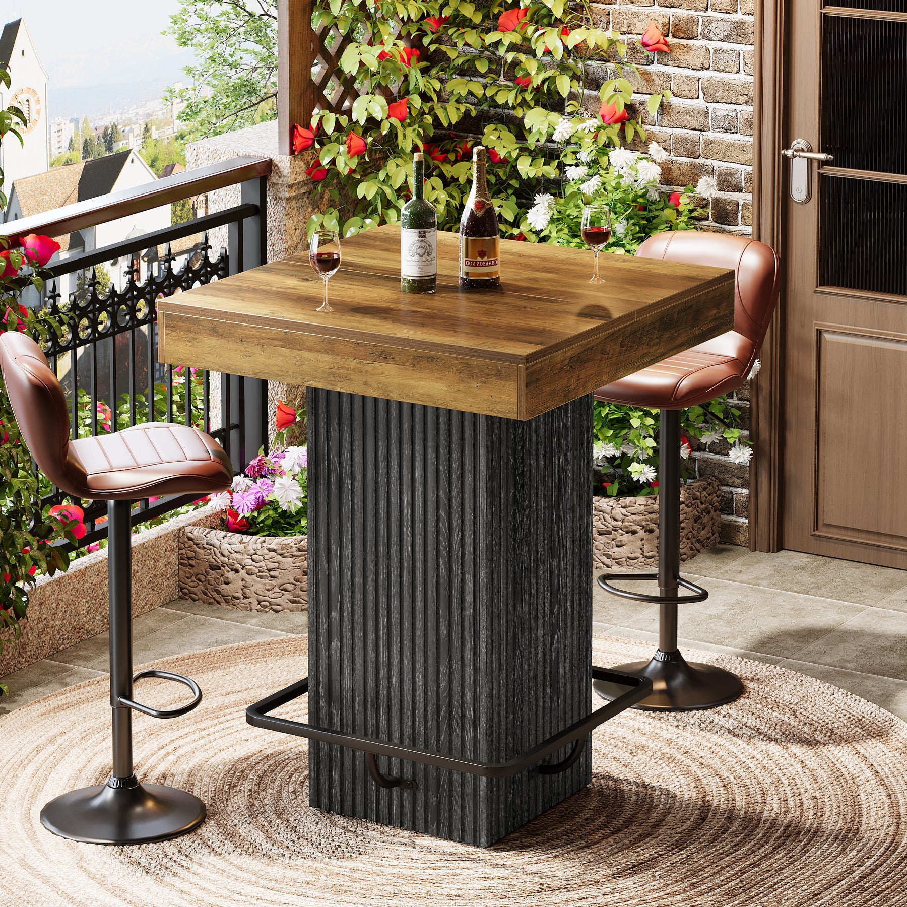 Table de bar carrée de 80 x 80 x 101 cm avec repose-pieds en métal, Table de pub de style industriel pour cuisine/salle à manger