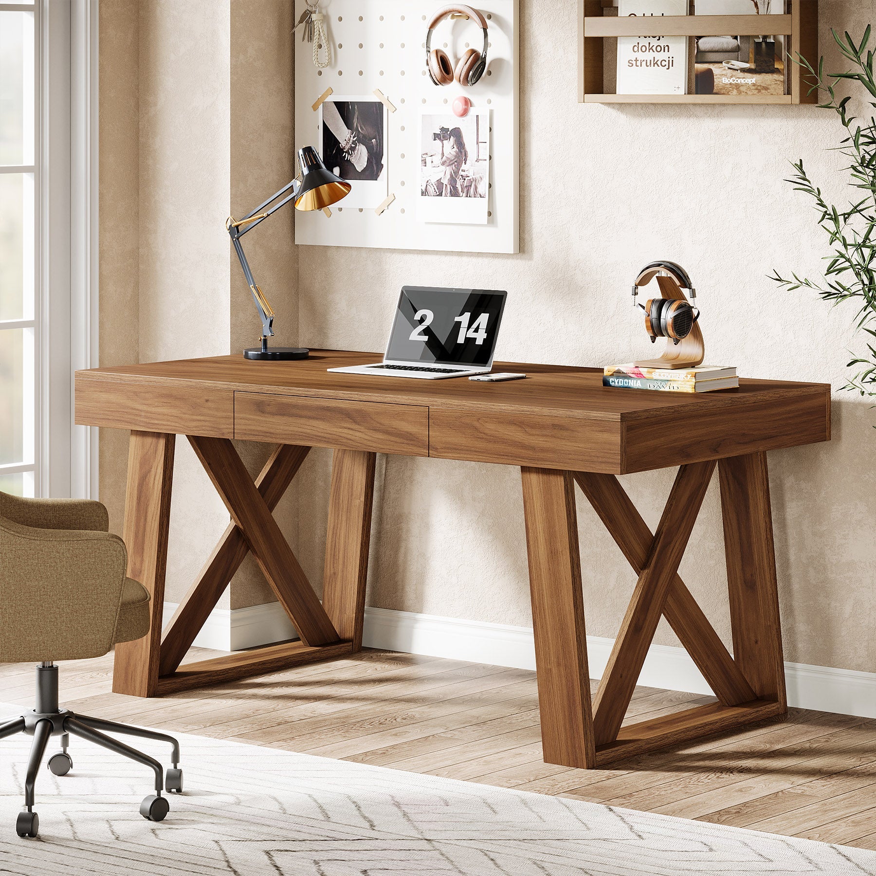 Tribesigns Bureau 140cm de Large avec Tiroir, Table d'étude Rétro Brun