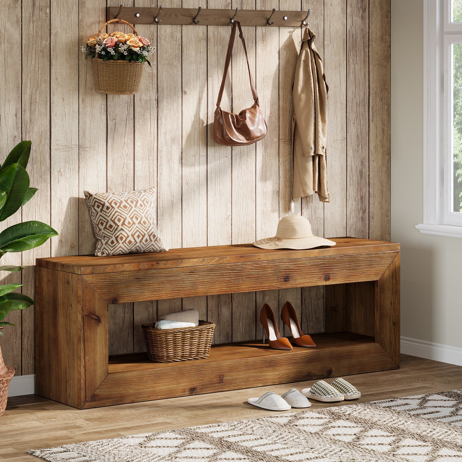 Banc d'entrée en bois massif de 120 cm avec étagère de rangement style rustique