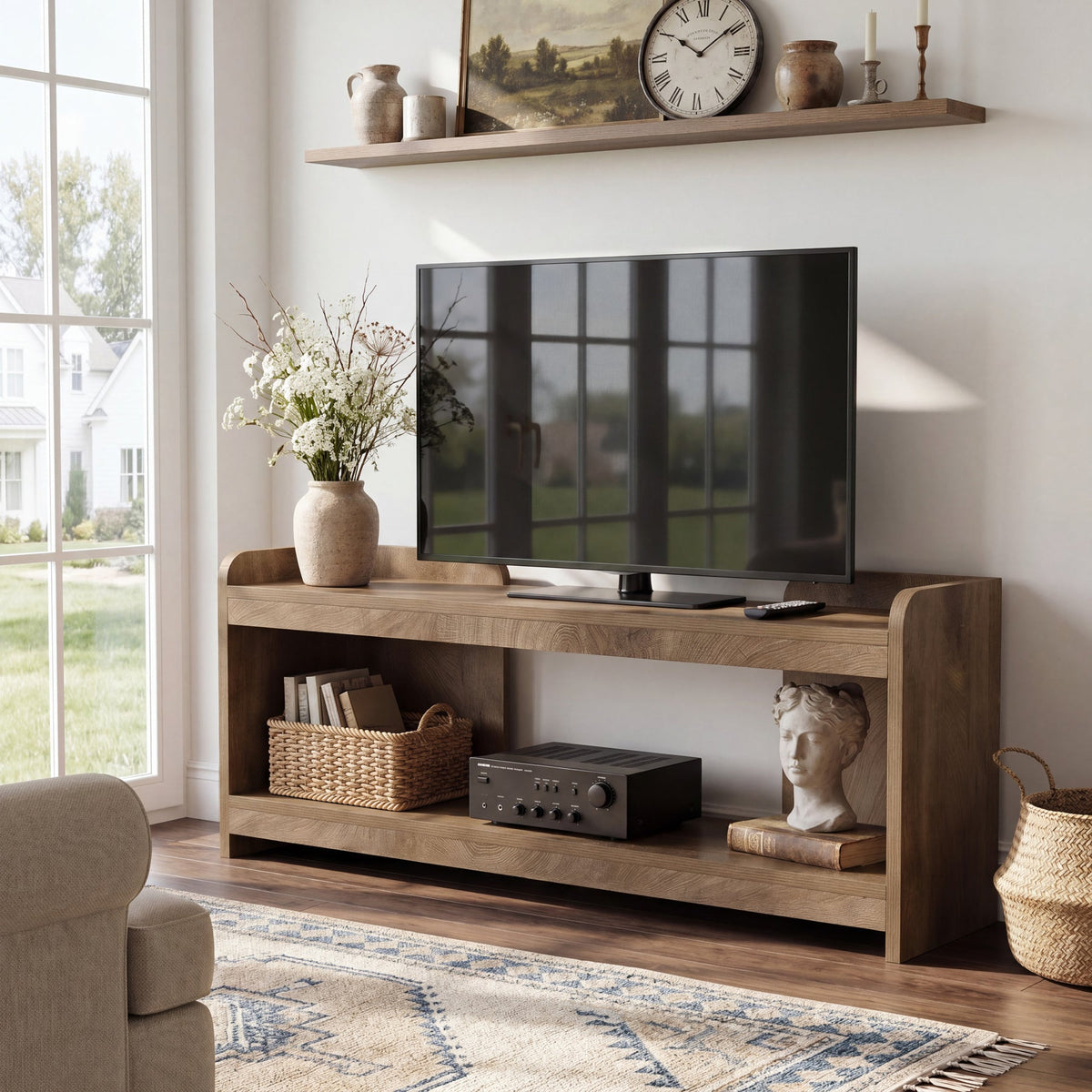 Tribesigns Meuble TV bas de 160 cm pour téléviseurs jusqu'à 70 pouces, Meuble TV à 2 niveaux avec espace de rangement ouvert