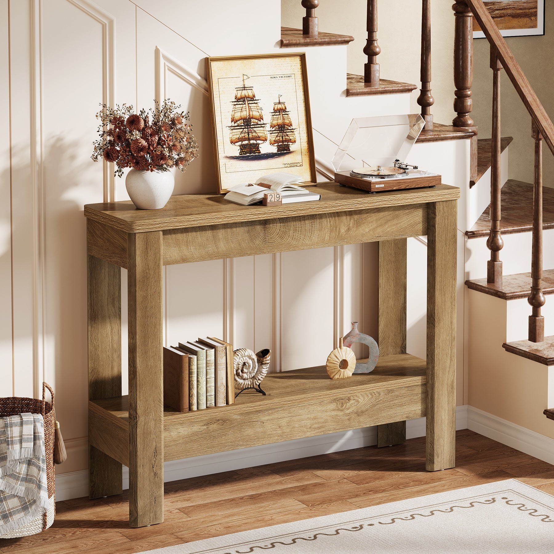 Tribesigns Console rustique 105 x 30 x 80 cm avec rangement ouvert, Table d'appoint étroite pour entrée et salon