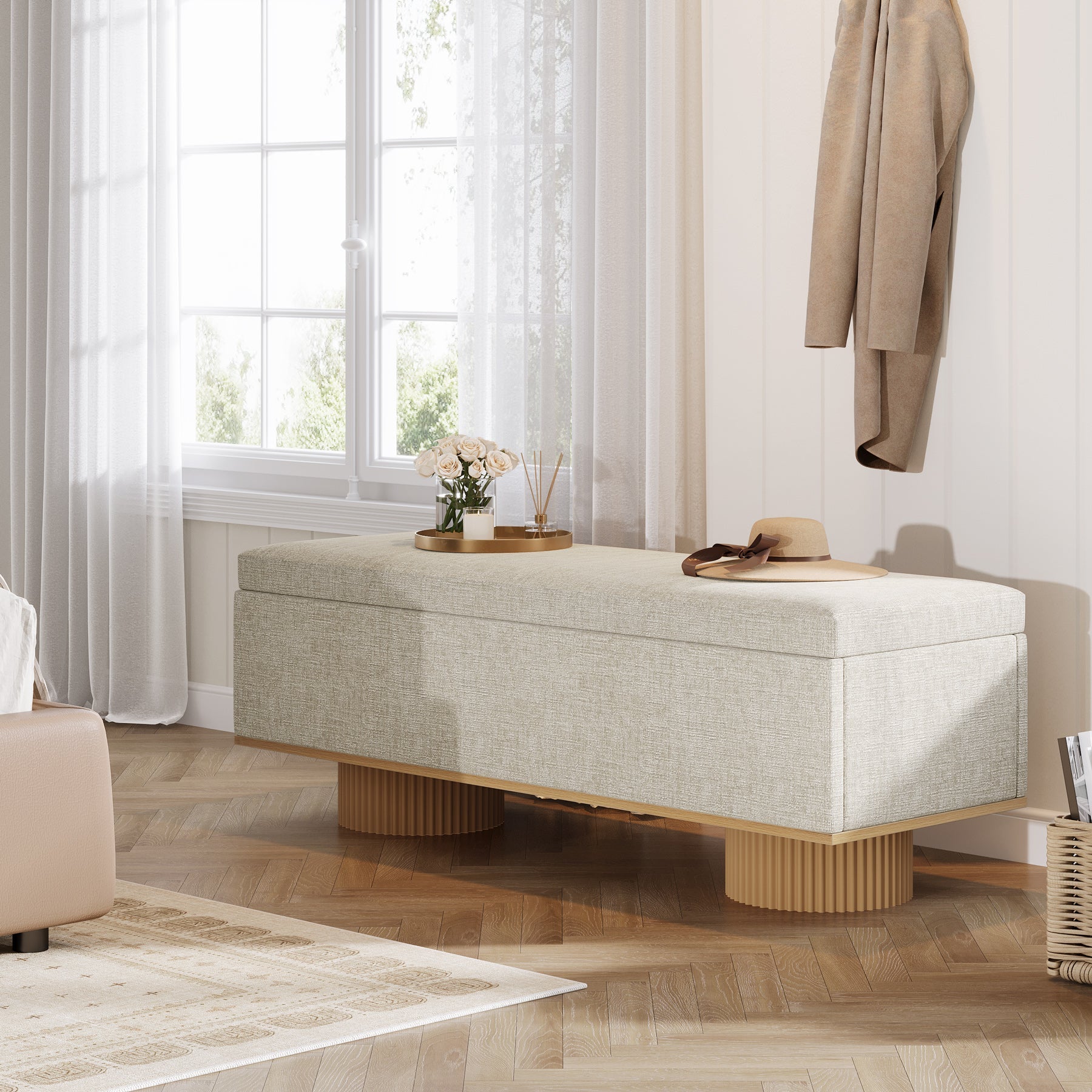 Banc à chaussures de 128 cm, Banc d'entrée rembourré avec rangement pliable