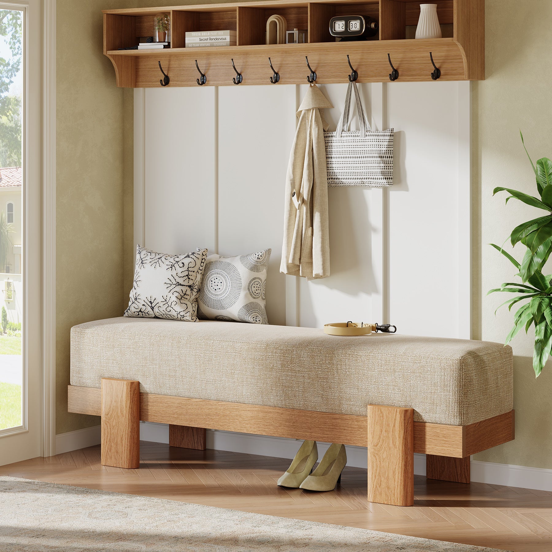 Banc d'entrée rembourré de 140 cm, Banc à chaussures avec coussin d'assise épais