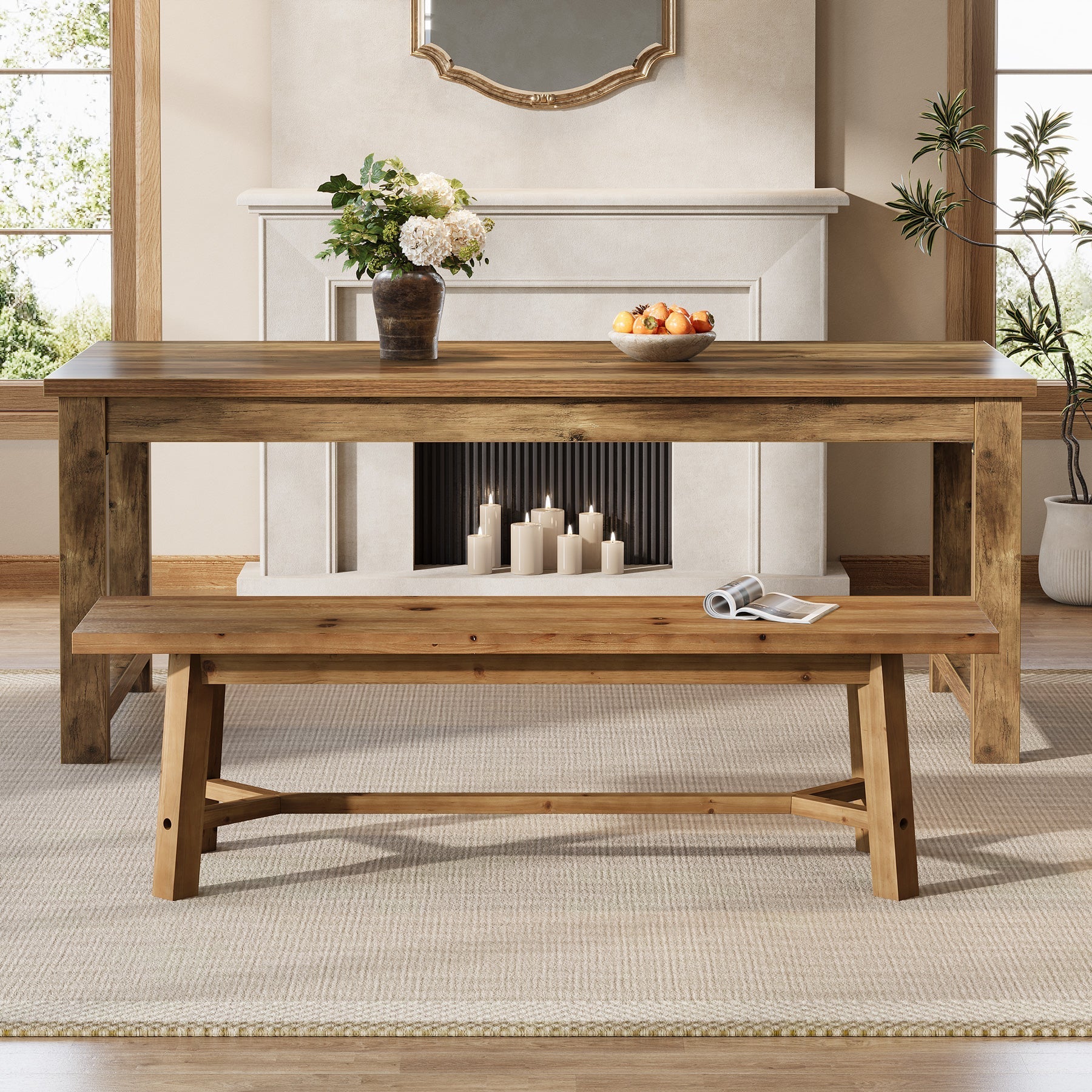 Banc de salle à manger rustique en bois massif 140 cm, long banc de cuisine