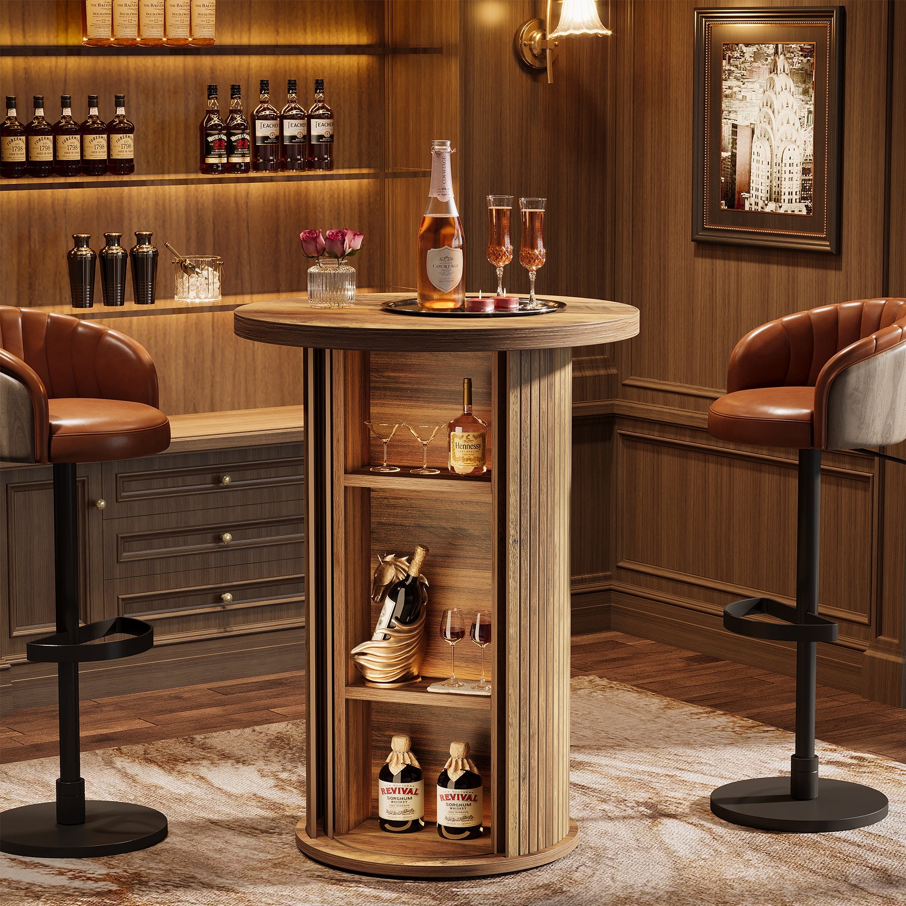 Tribesigns Table de bar ronde de 90 cm de haut avec 3 compartiments de rangement et porte coulissante
