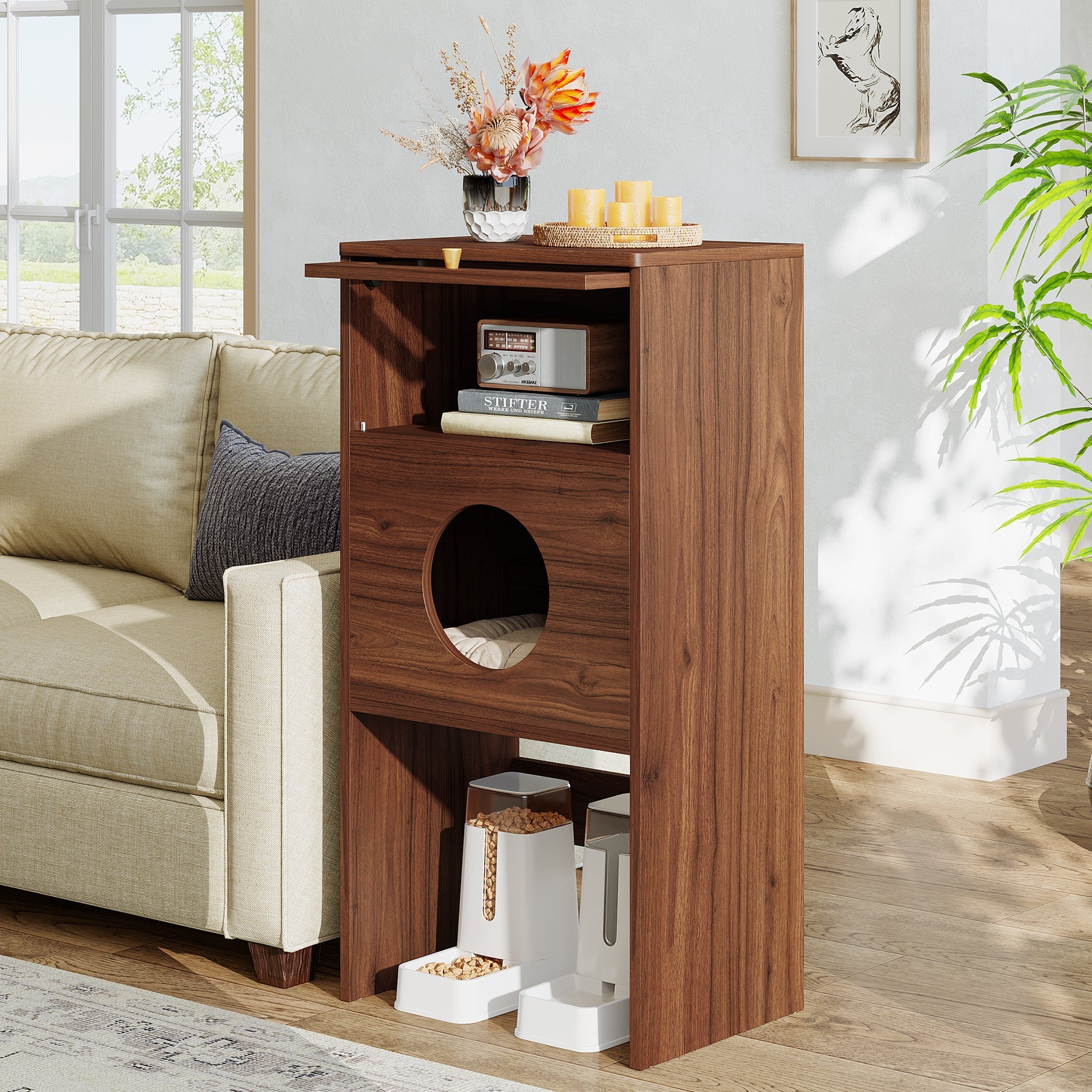 Tribesigns Meuble pour chat avec espace de rangement, Meuble pour bac à litière et table d'appoint 2 en 1