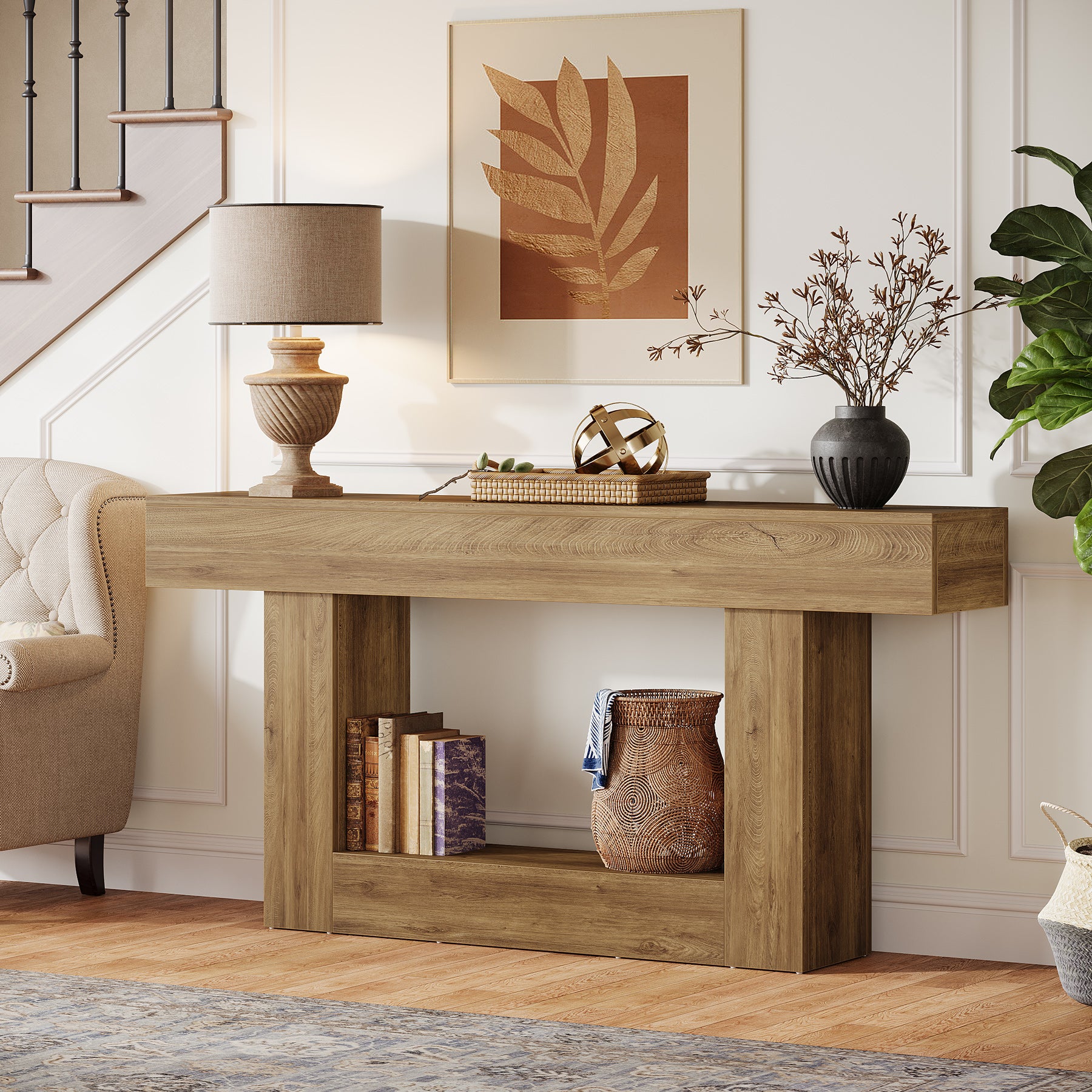 Tribesigns Table console en bois de 160 cm, Table de canapé de ferme à 2 niveaux Table d'entrée