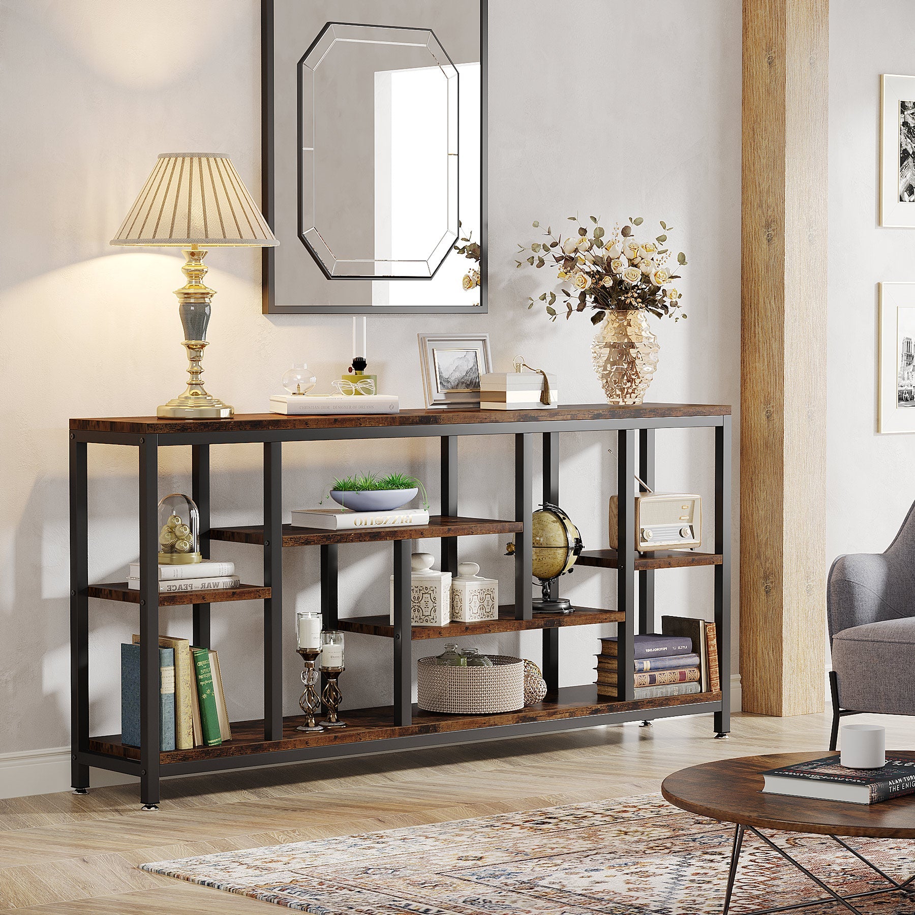 Tribesigns Console industrielle 180 x 30 cm avec rangement à 3 niveaux, Table d'appoint étroite à placer derrière le canapé