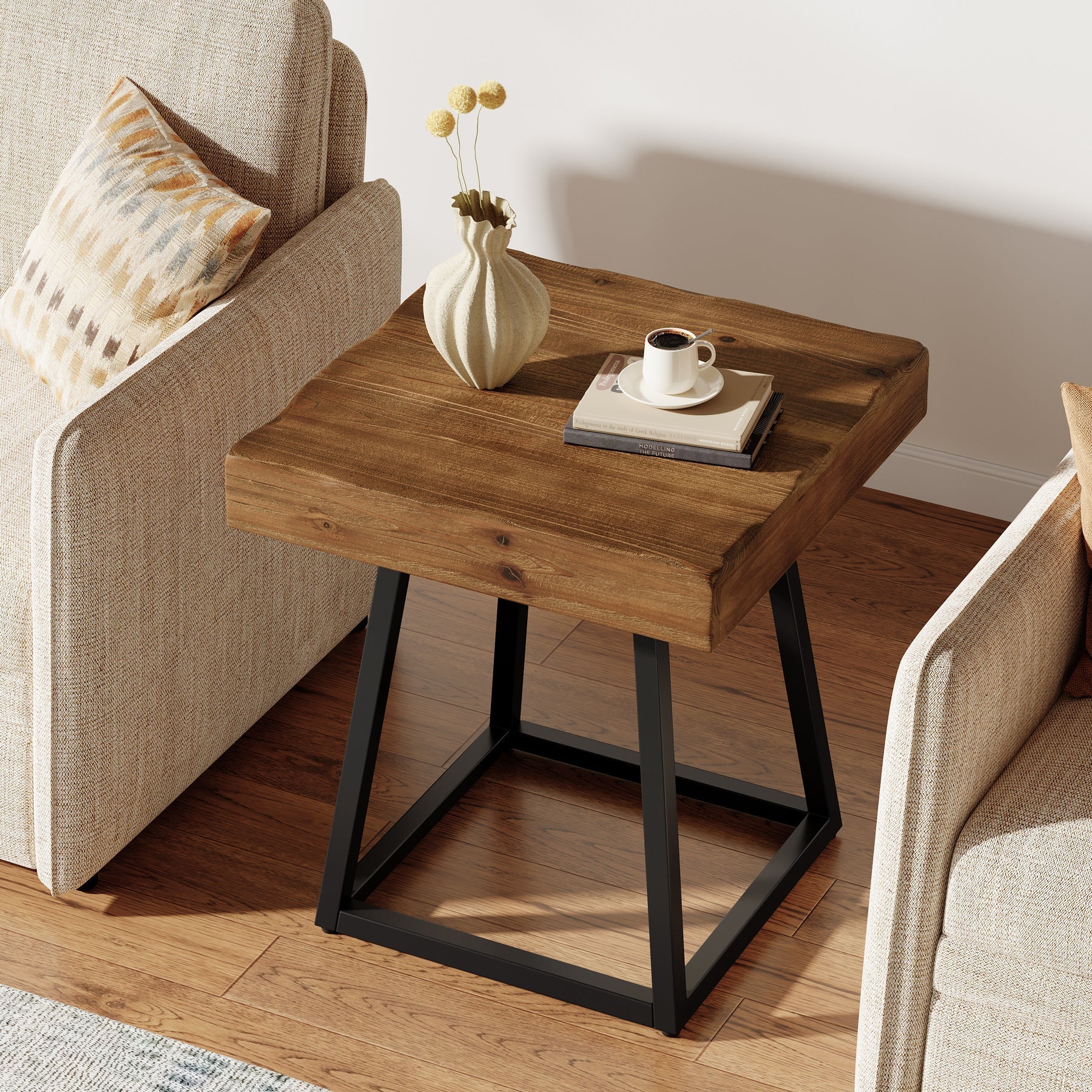 Tribesigns Table d'appoint en bois massif 50 cm, Table de chevet carrée avec piètement en métal