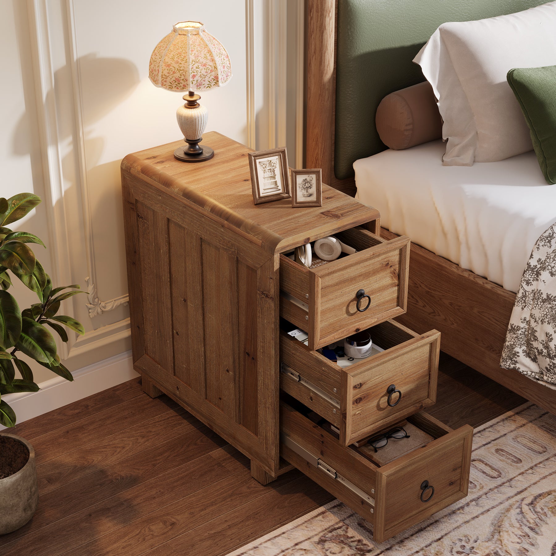 Tribesigns Table d'appoint étroite en bois massif avec 3 tiroirs pour salon, Table de chevet fine, table d'appoint
