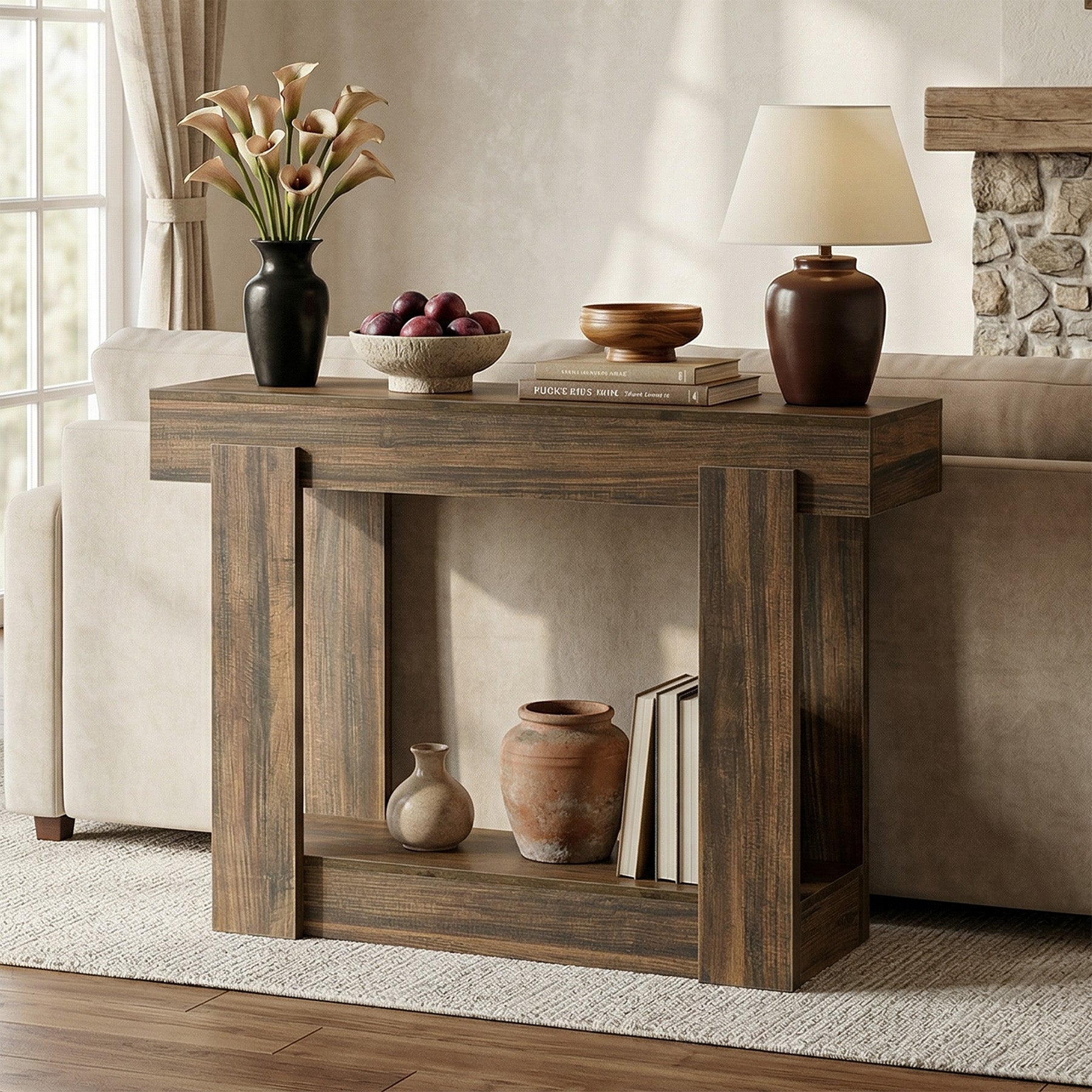 Console de 105 cm avec étagère, Table d'entrée étroite style campagne pour l'entrée et le salon