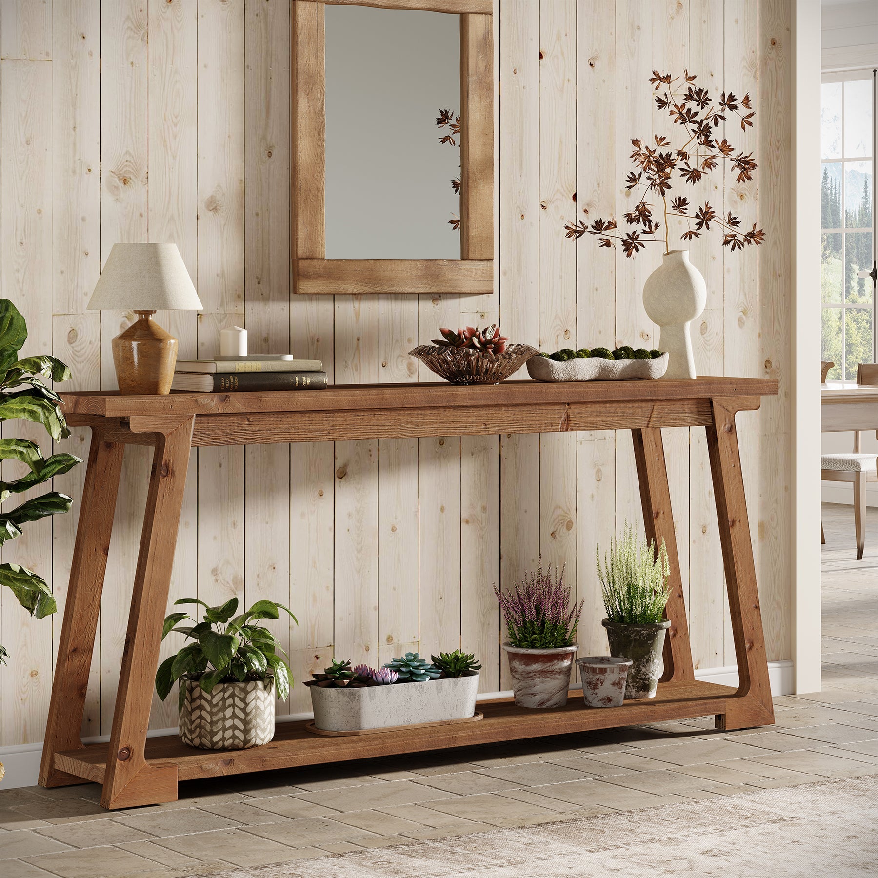 Tribesigns Console en bois massif de 160 cm à placer derrière un canapé avec 2 étagères, Table basse longue et étroite idéale pour le salon et l'entrée