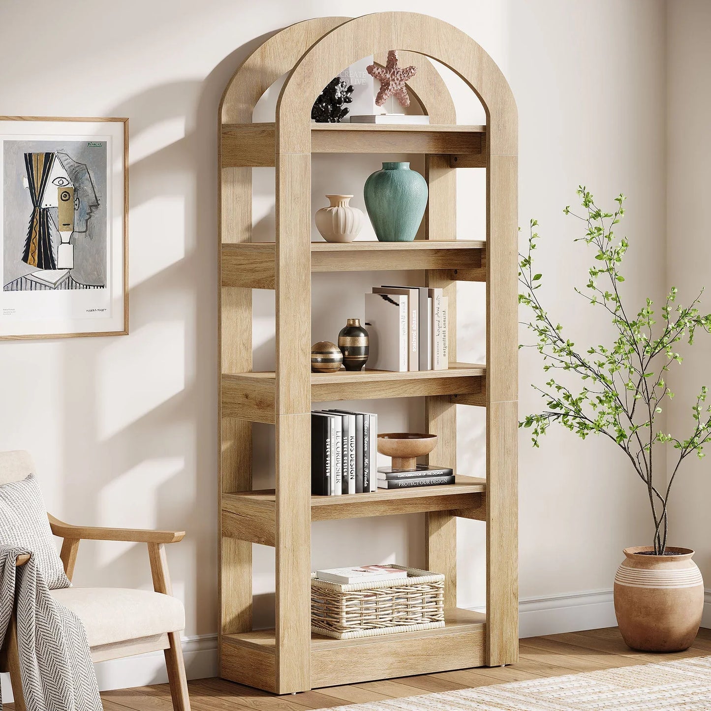 Tribesigns Bibliothèque 5 niveaux 180 cm, Bibliothèque en bois en forme d'arche