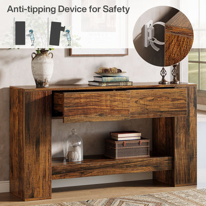 Tribesigns Console 140 cm, Table basse en bois à 2 niveaux avec 2 tiroirs