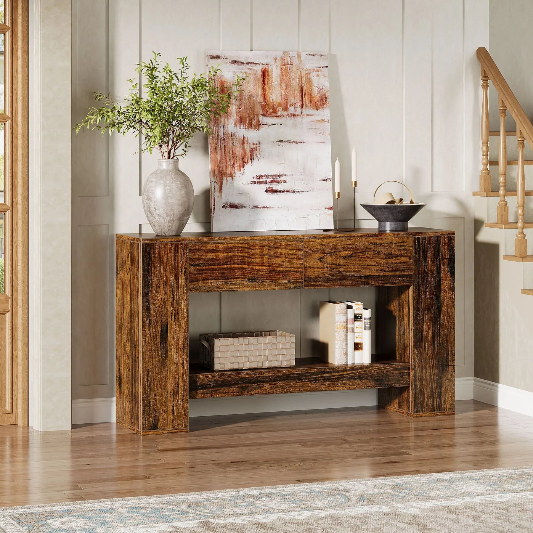 Tribesigns Console 140 cm, Table basse en bois à 2 niveaux avec 2 tiroirs