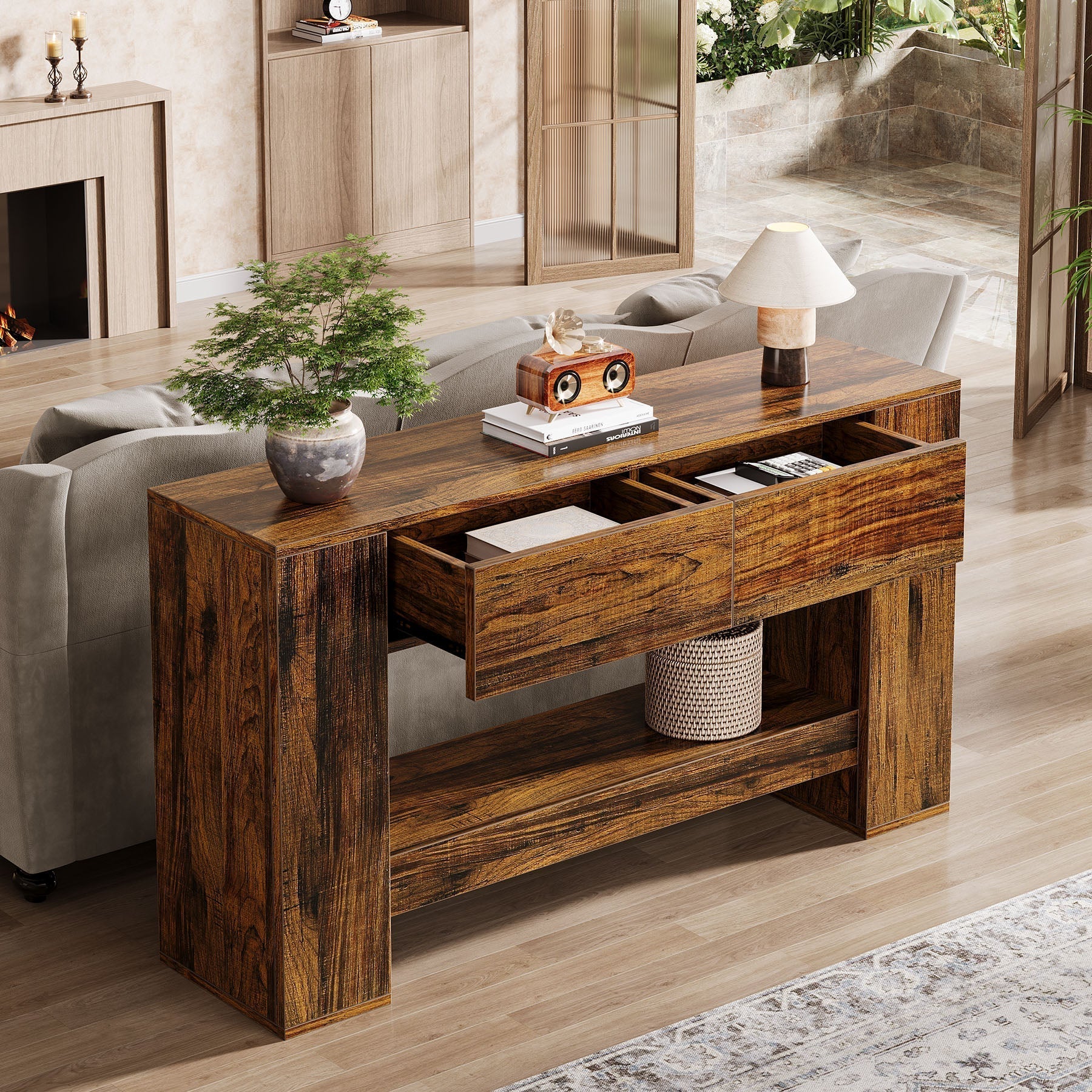 Tribesigns Console 140 cm, Table basse en bois à 2 niveaux avec 2 tiroirs