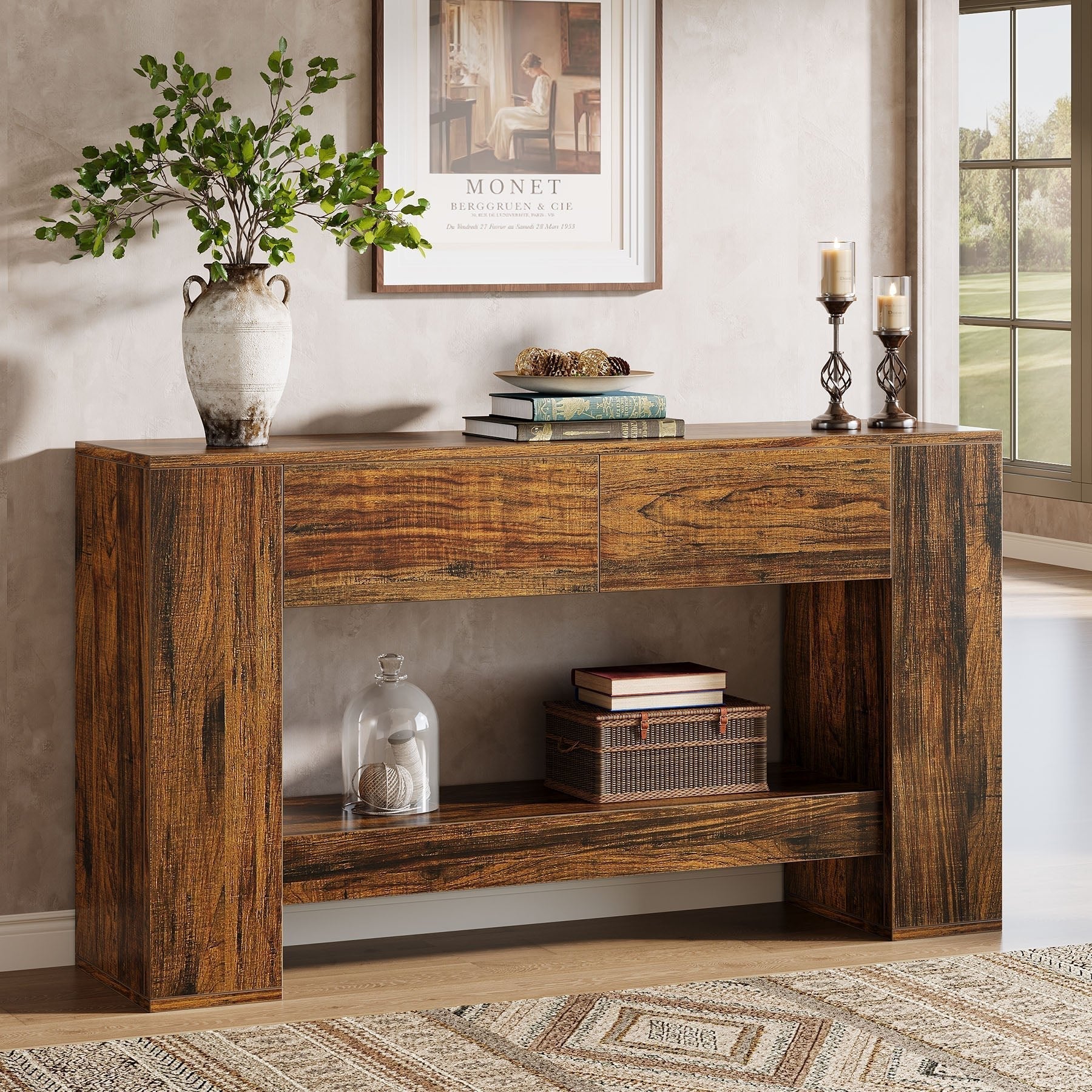 Tribesigns Console 140 cm, Table basse en bois à 2 niveaux avec 2 tiroirs